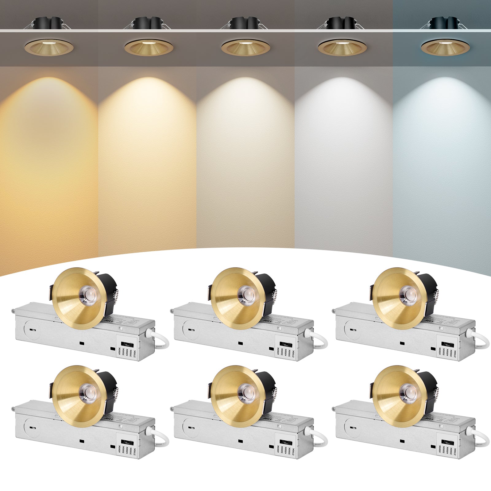 6/12pack CycevSun Gold 2 Inch Recessed Lights, Anti-Glare COB Canless Ceiling Spotlight, 5CCT Selectable 2700K-6000K, 130lm/W, RA95 Small Exterior Soffit Lights, 8W, Dimmable, ETL, IP44 Damp Rated