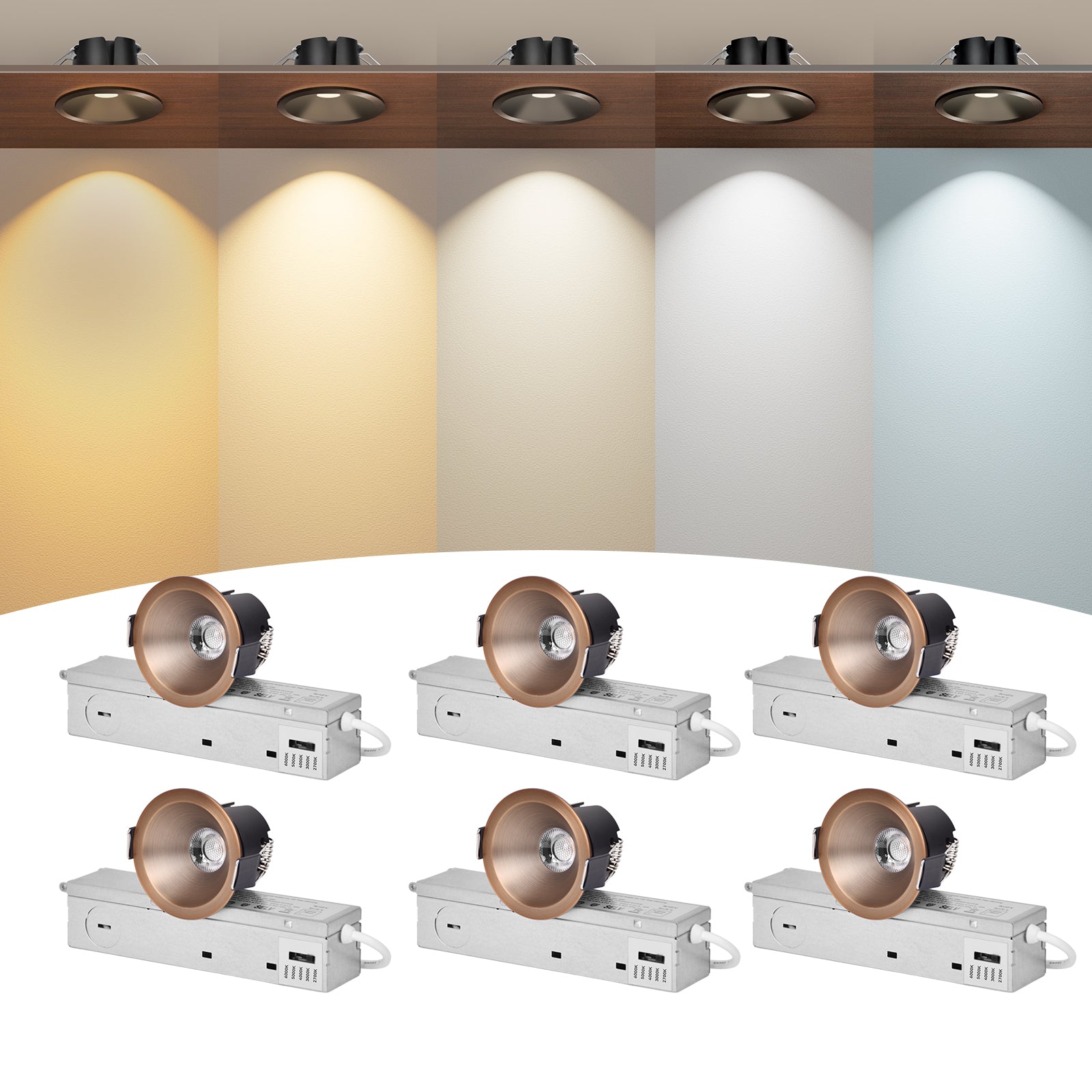 6/12pack CycevSun Bronze  2 Inch Recessed Lights, Anti-Glare COB Canless Ceiling Spotlight, 5CCT Selectable 2700K-6000K, 130lm/W, RA95 Small Exterior Soffit Lights, 8W, Dimmable, ETL, IP44 Damp Rated