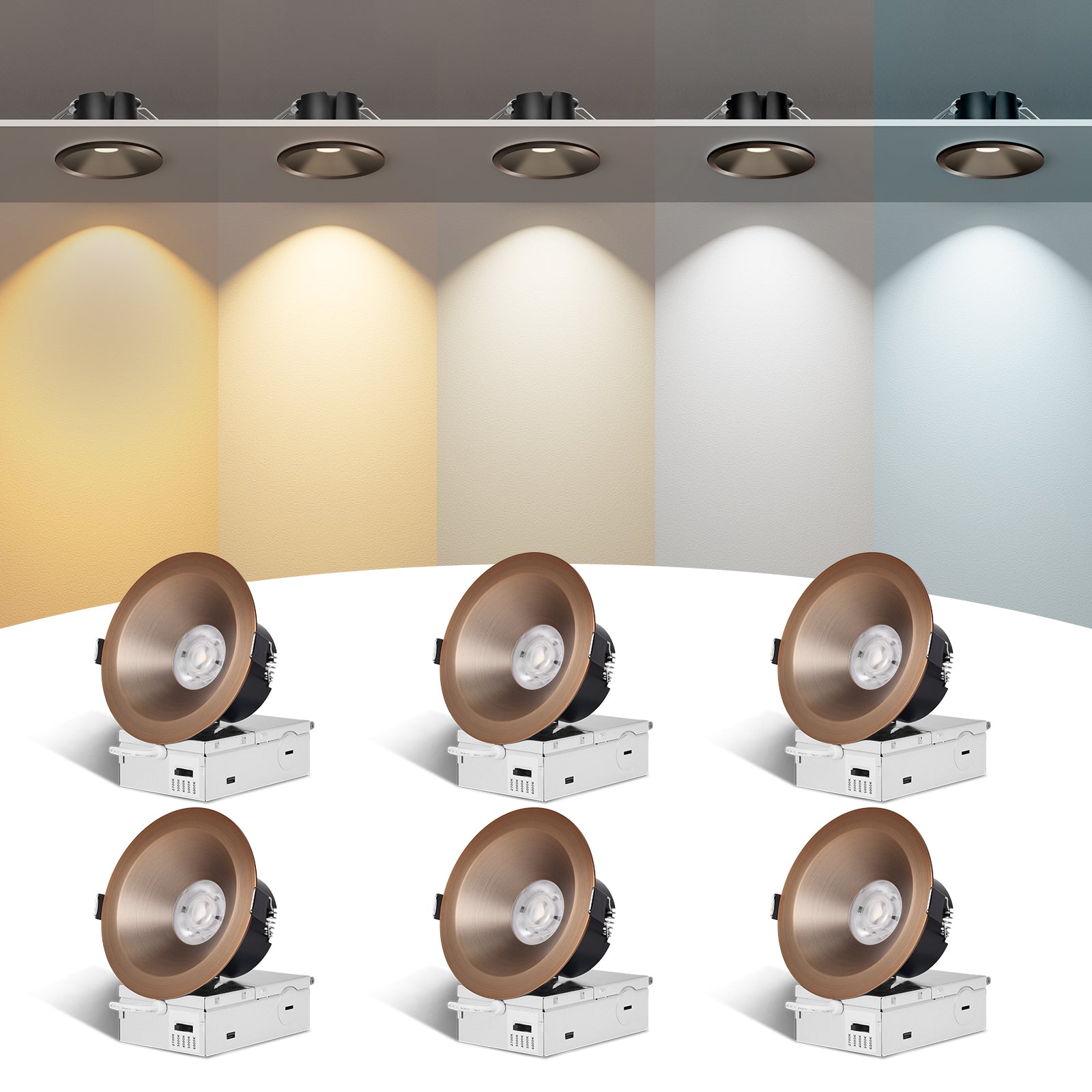 6/12pack CycevSun Bronze 4 Inch Recessed Lights, Anti-Glare COB Canless Recessed Ceiling Spotlight, 5CCT Selectable 2700K-6000K, 130LM/W, 16W, RA95 Exterior Soffit Lights, Dimmable, ETL, IP44 Damp Rated