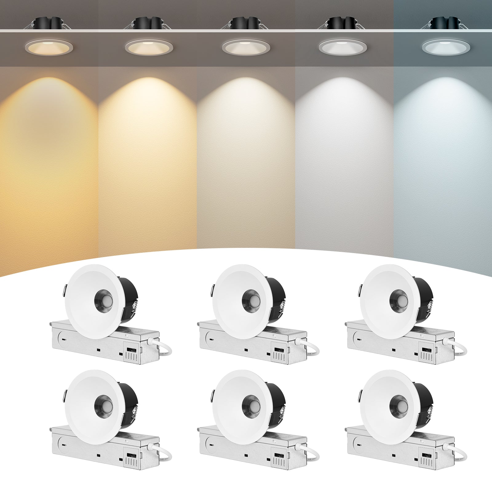 6/12pack CycevSun White 3 Inch Recessed LED Lights, Anti-Glare COB Canless Ceiling Spotlight, 5CCT Selectable 2700K-6000K, 130LM/W, 12W, RA95 Small Exterior Soffit, Dimmable, ETL, IP44 Damp Rated