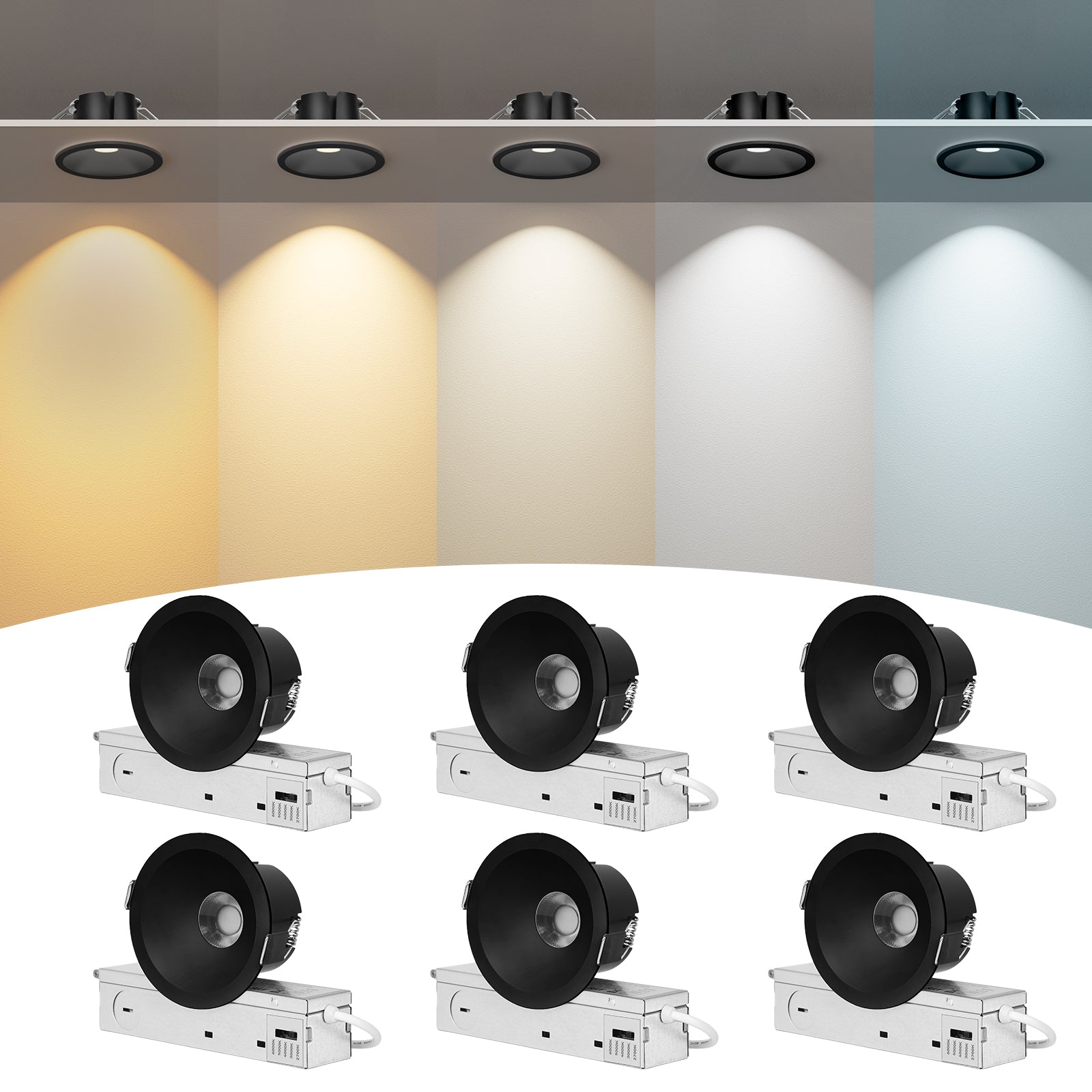 6/12pack CycevSun Black 3 Inch Recessed LED Lights, Anti-Glare COB Canless Ceiling Spotlight, 5CCT Selectable 2700K-6000K, 130LM/W, 12W, RA95 Small Exterior Soffit, Dimmable, ETL, IP44 Damp Rated