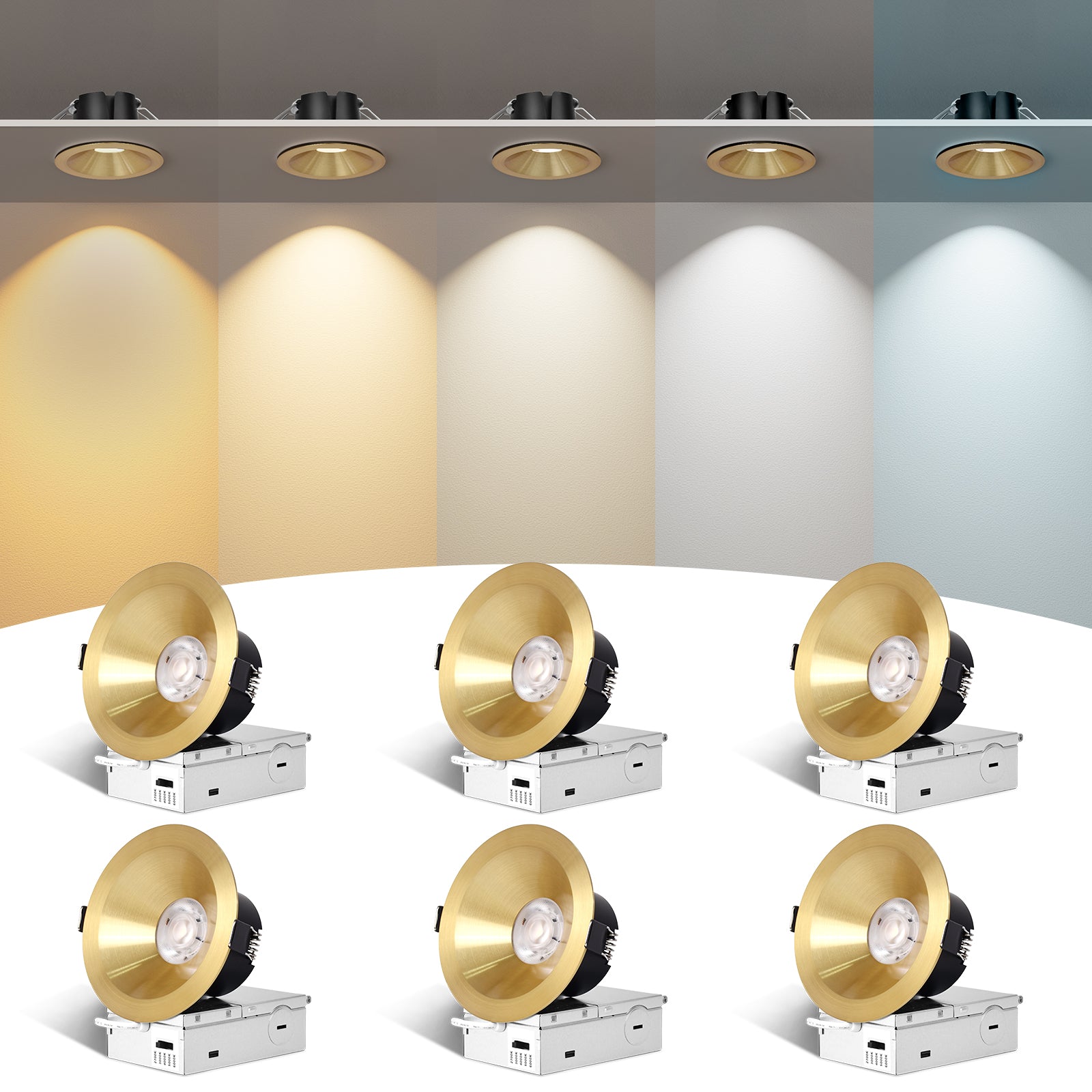 6/12pack CycevSun Gold 4 Inch Recessed Lights, Anti-Glare COB Canless Recessed Ceiling Spotlight, 5CCT Selectable 2700K-6000K, 130LM/W, 16W, RA95 Exterior Soffit Lights, Dimmable, ETL, IP44 Damp Rated