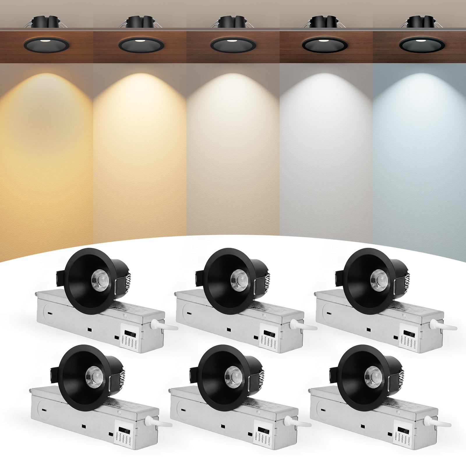 6/12pack CycevSun Black 2 Inch Recessed Lights, Anti-Glare COB Canless Ceiling Spotlight, 5CCT Selectable 2700K-6000K, 130lm/W, RA95 Small Exterior Soffit Lights, 8W, Dimmable, ETL, IP44 Damp Rated