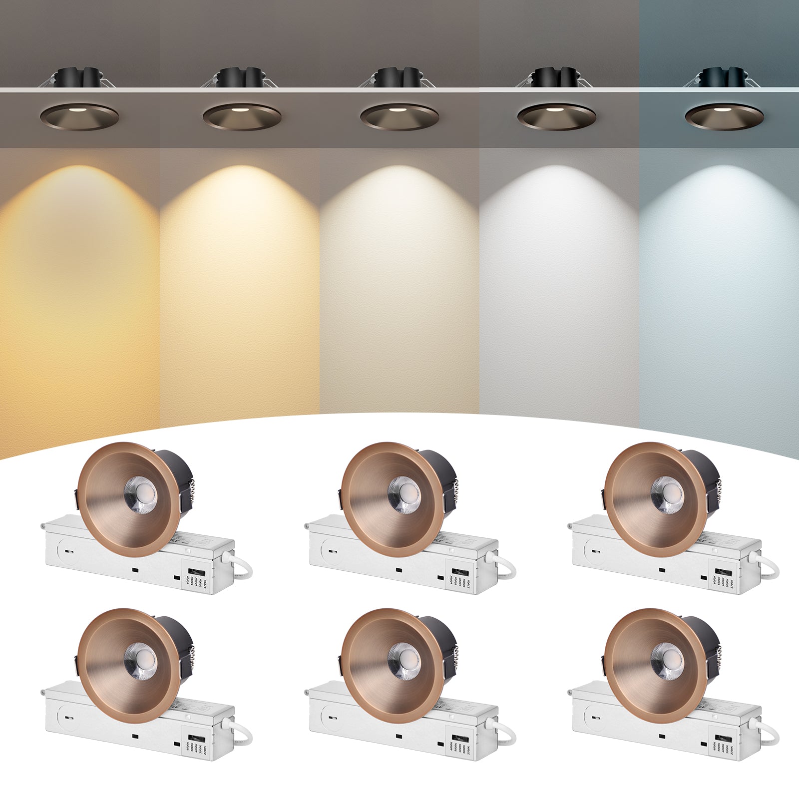 6/12pack CycevSun Bronze 3 Inch Recessed LED Lights, Anti-Glare COB Canless Ceiling Spotlight, 5CCT Selectable 2700K-6000K, 130LM/W, 12W, RA95 Small Exterior Soffit, Dimmable, ETL, IP44 Damp Rated