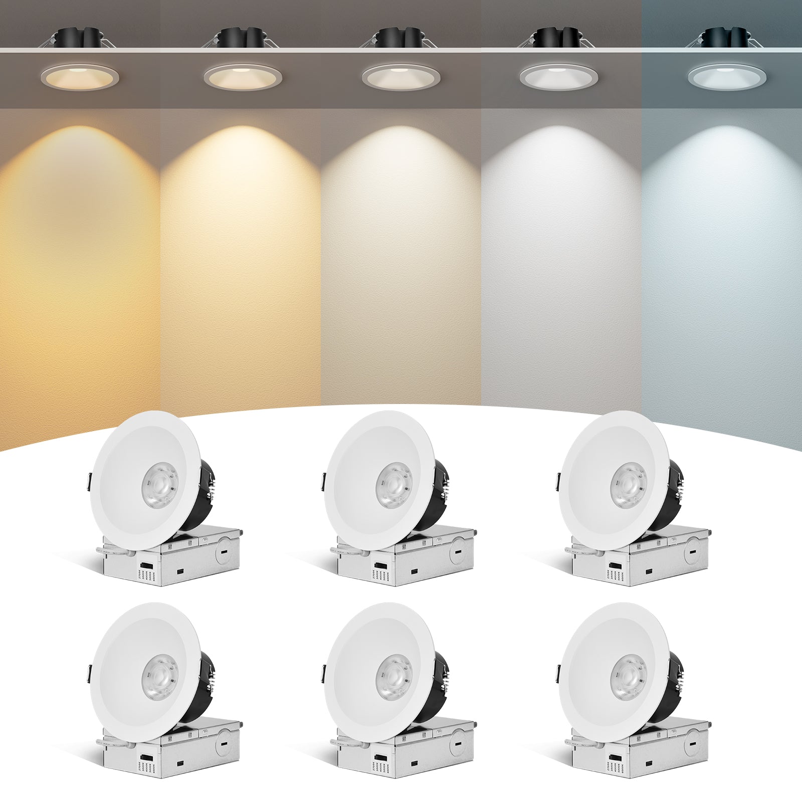 6/12pack CycevSun White 4 Inch Recessed Lights, Anti-Glare COB Canless Recessed Ceiling Spotlight, 5CCT Selectable 2700K-6000K, 130LM/W, 16W, RA95 Exterior Soffit Lights, Dimmable, ETL, IP44 Damp Rated