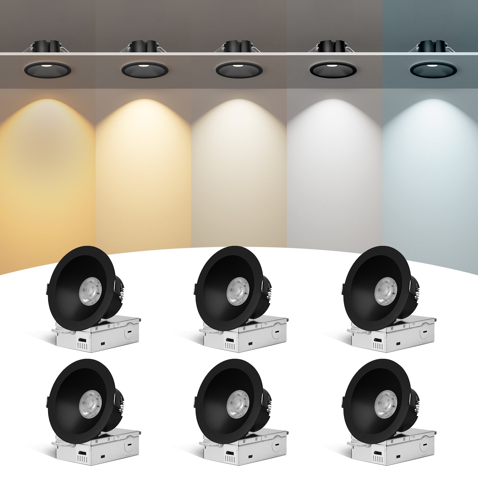 6/12pack CycevSun Black 4 Inch Recessed Lights, Anti-Glare COB Canless Recessed Ceiling Spotlight, 5CCT Selectable 2700K-6000K, 130LM/W, 16W, RA95 Exterior Soffit Lights, Dimmable, ETL, IP44 Damp Rated