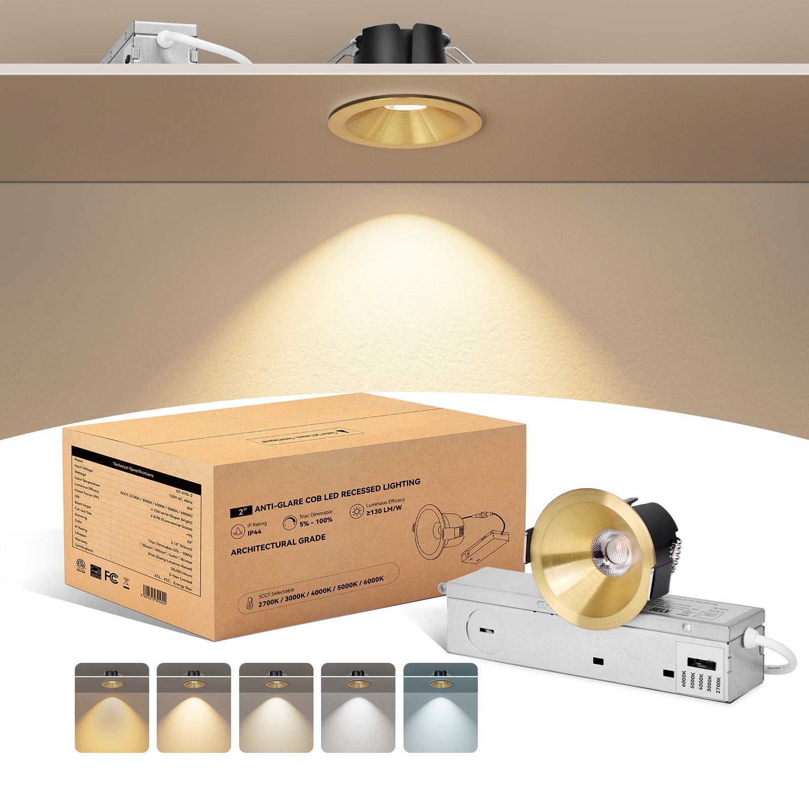 6/12pack CycevSun Gold 2 Inch Recessed Lights, Anti-Glare COB Canless Ceiling Spotlight, 5CCT Selectable 2700K-6000K, 130lm/W, RA95 Small Exterior Soffit Lights, 8W, Dimmable, ETL, IP44 Damp Rated