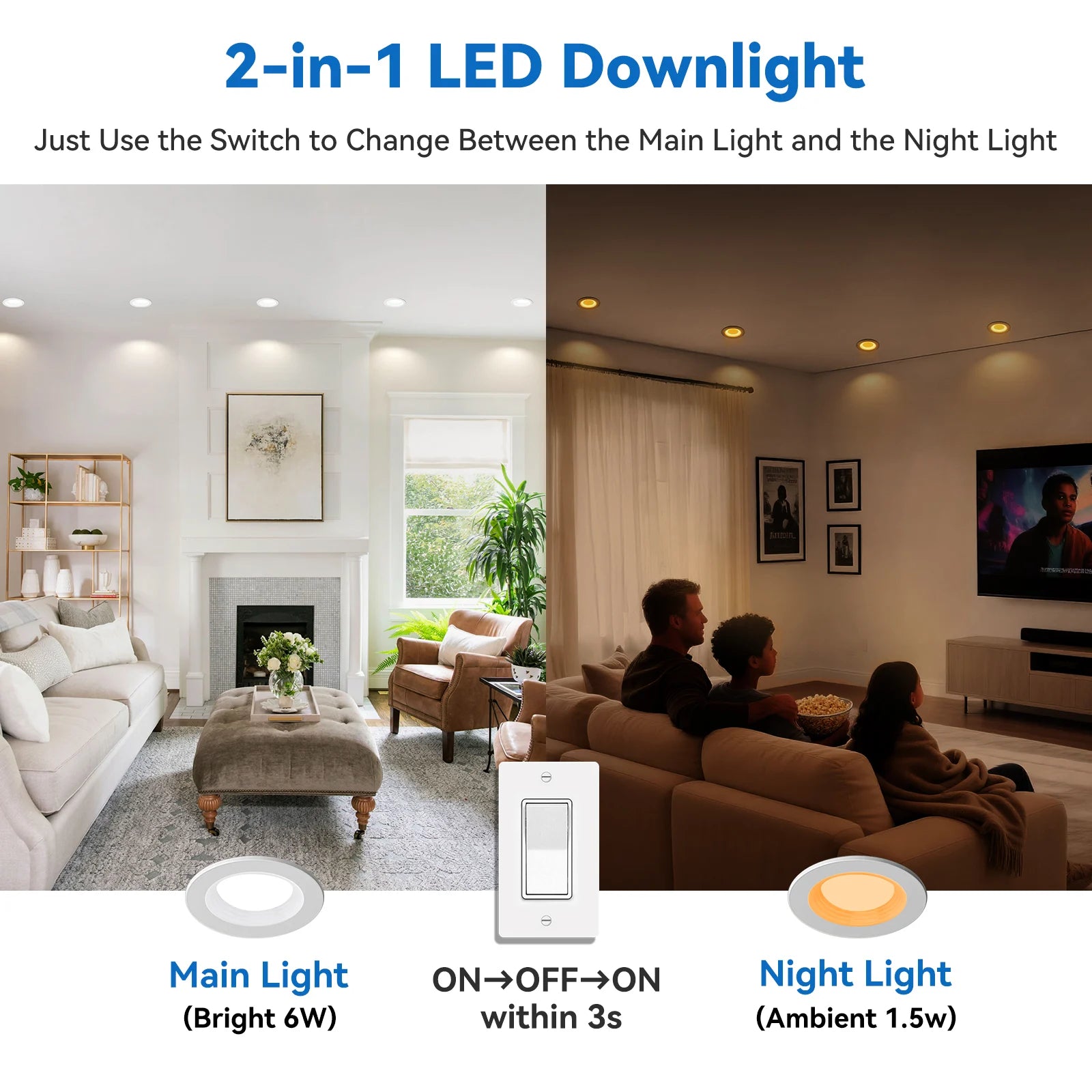 CycevSun 3 Inch Recessed LED Lights, Switchable Night Light & Main Light, White, 2-Pack