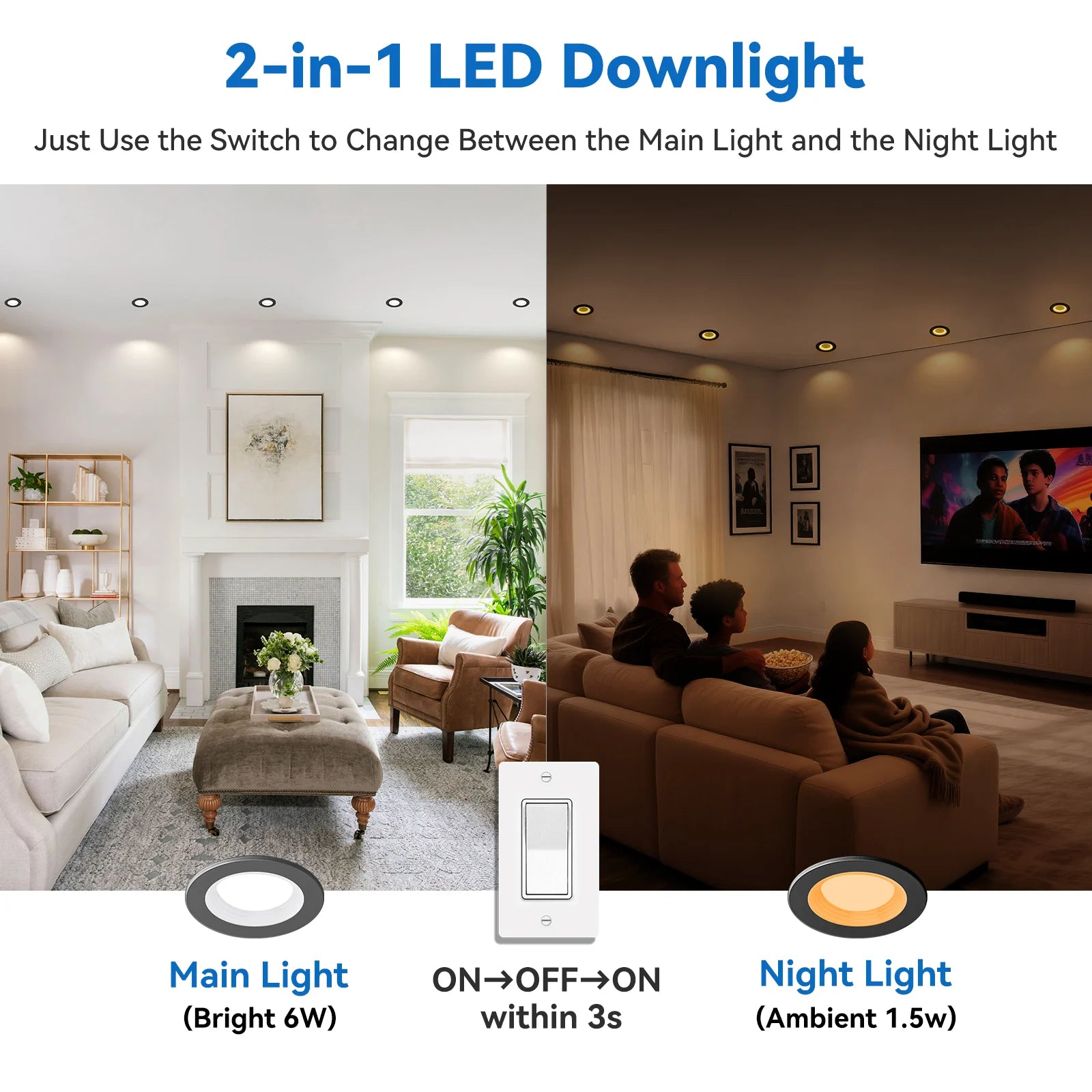 CycevSun 3 Inch Recessed LED Lights, Switchable Night Light & Main Light, Black, 2-Pack