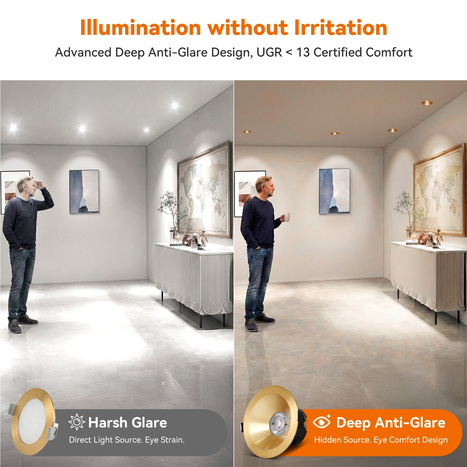 6/12pack CycevSun Gold 4 Inch Recessed Lights, Anti-Glare COB Canless Recessed Ceiling Spotlight, 5CCT Selectable 2700K-6000K, 130LM/W, 16W, RA95 Exterior Soffit Lights, Dimmable, ETL, IP44 Damp Rated