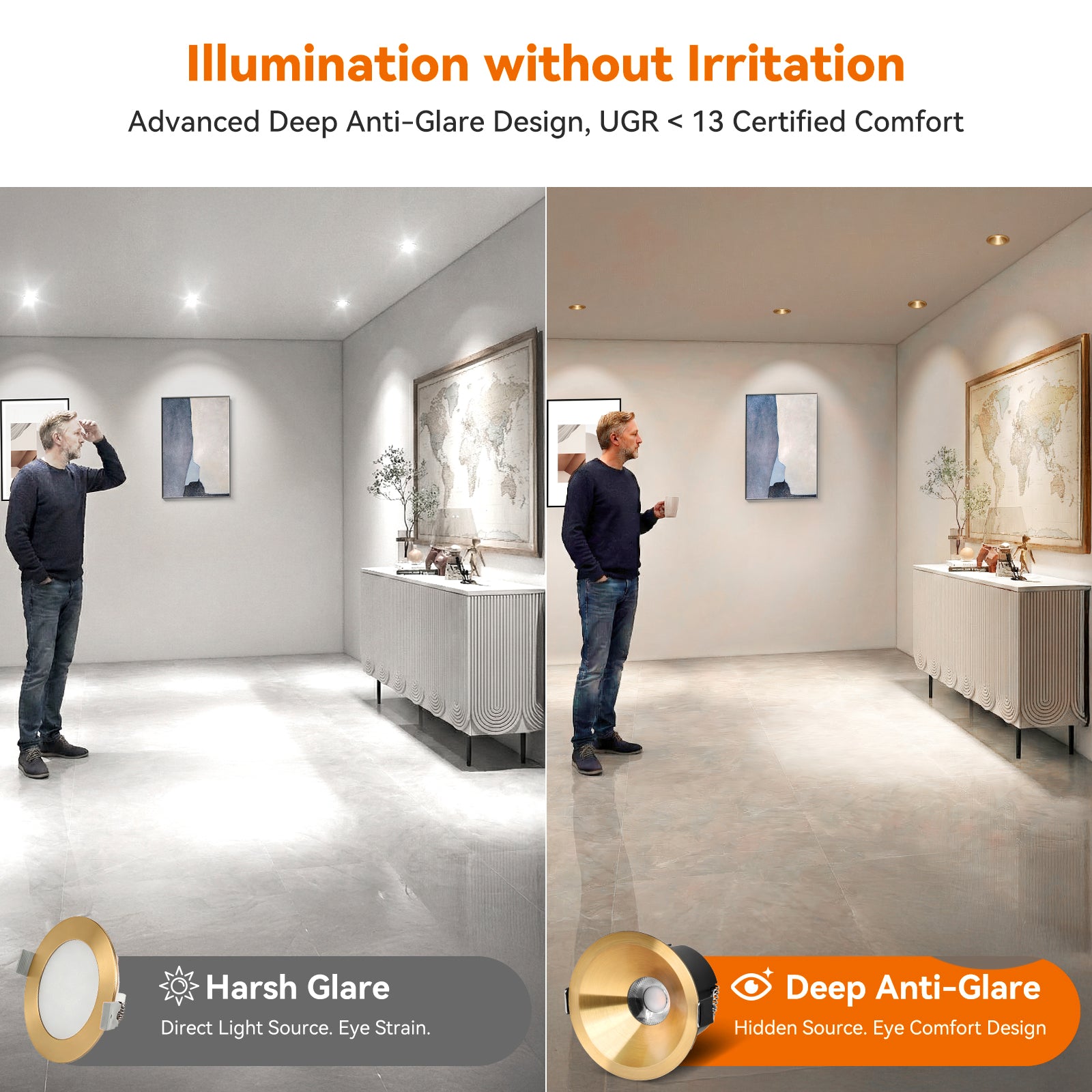 6/12pack CycevSun Gold 3 Inch Recessed LED Lights, Anti-Glare COB Canless Ceiling Spotlight, 5CCT Selectable 2700K-6000K, 130LM/W, 12W, RA95 Small Exterior Soffit, Dimmable, ETL, IP44 Damp Rated