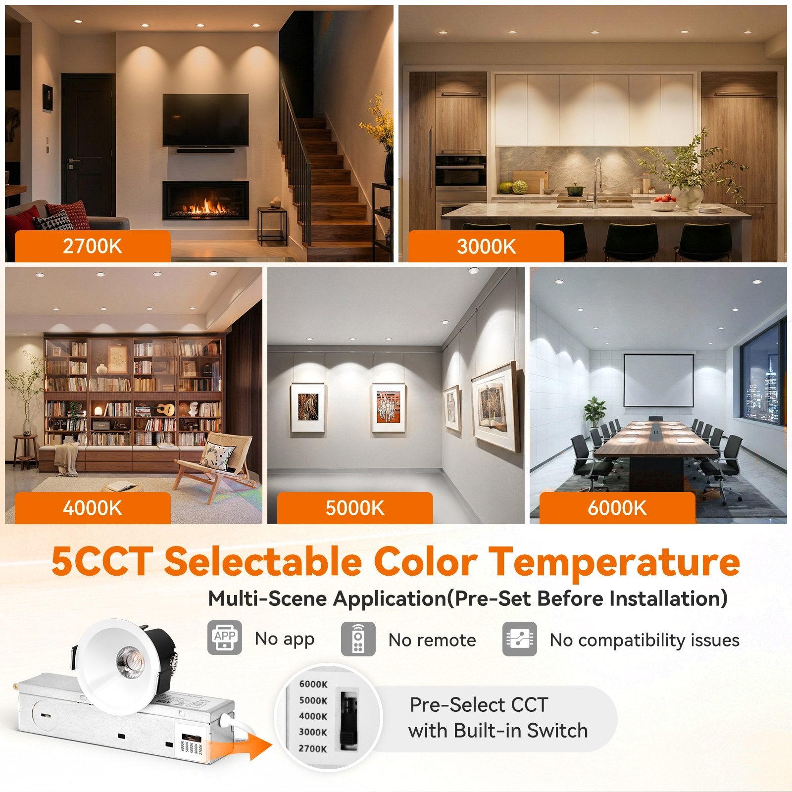 6/12pack CycevSun 2 Inch Oil Rubbed White Recessed Light, Anti-Glare COB Canless Ceiling Spotlight, 5CCT Selectable, 130LM/W, RA95 Small Outdoor Soffit Lights, 8W, Dimmable, ETL, IP44 Damp Rated