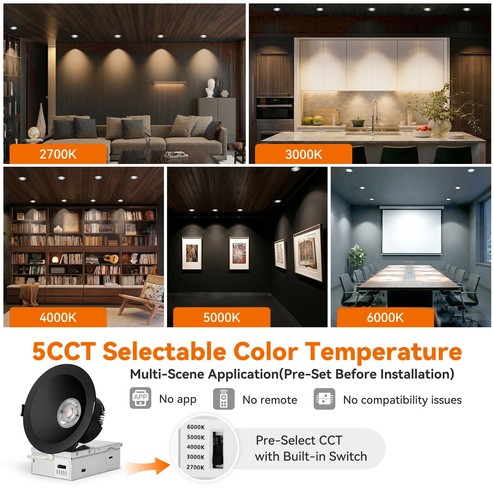 6/12pack CycevSun Black 4 Inch Recessed Lights, Anti-Glare COB Canless Recessed Ceiling Spotlight, 5CCT Selectable 2700K-6000K, 130LM/W, 16W, RA95 Exterior Soffit Lights, Dimmable, ETL, IP44 Damp Rated