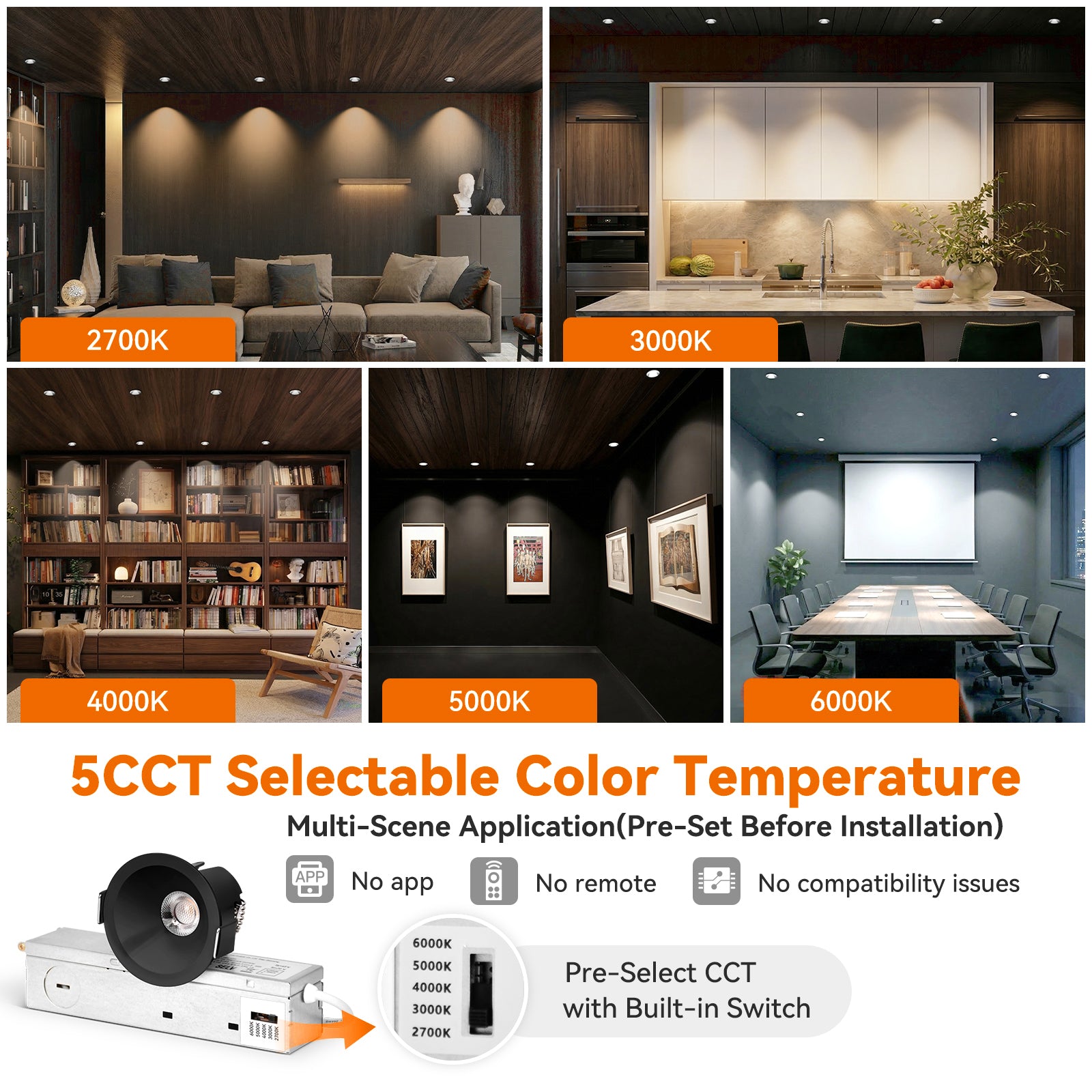 6/12pack CycevSun Black 2 Inch Recessed Lights, Anti-Glare COB Canless Ceiling Spotlight, 5CCT Selectable 2700K-6000K, 130lm/W, RA95 Small Exterior Soffit Lights, 8W, Dimmable, ETL, IP44 Damp Rated