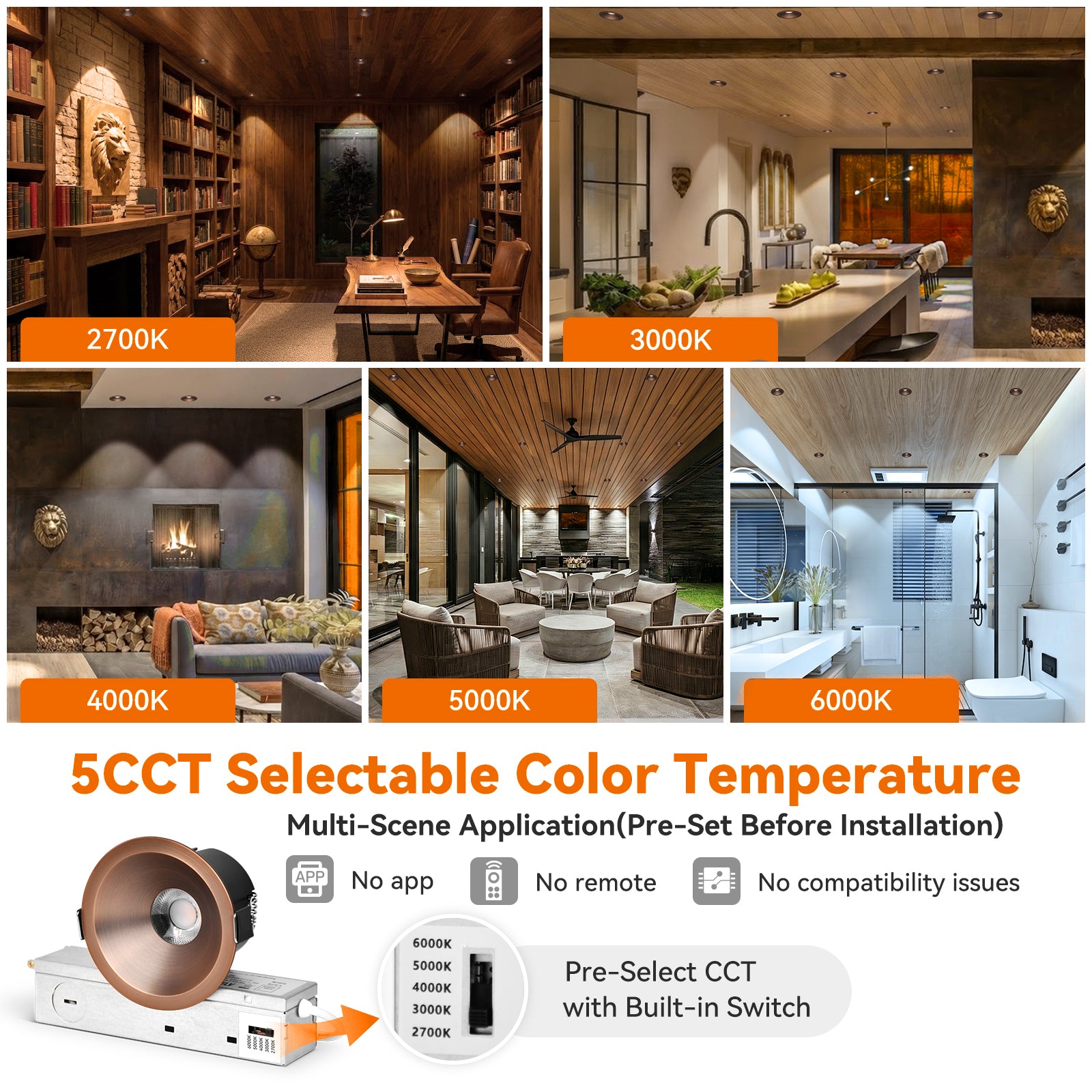 6/12pack CycevSun Bronze 3 Inch Recessed LED Lights, Anti-Glare COB Canless Ceiling Spotlight, 5CCT Selectable 2700K-6000K, 130LM/W, 12W, RA95 Small Exterior Soffit, Dimmable, ETL, IP44 Damp Rated