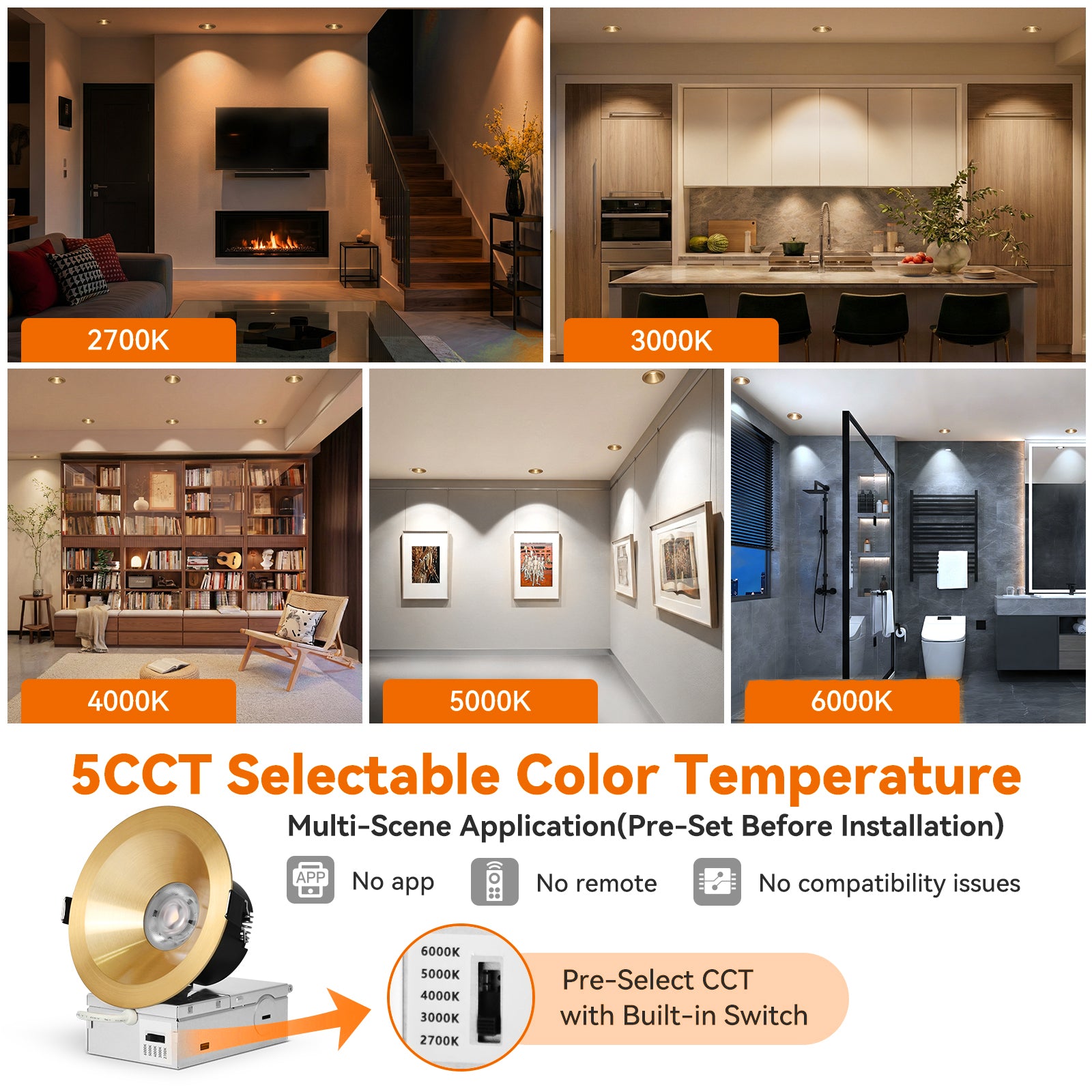 6/12pack CycevSun Gold 4 Inch Recessed Lights, Anti-Glare COB Canless Recessed Ceiling Spotlight, 5CCT Selectable 2700K-6000K, 130LM/W, 16W, RA95 Exterior Soffit Lights, Dimmable, ETL, IP44 Damp Rated