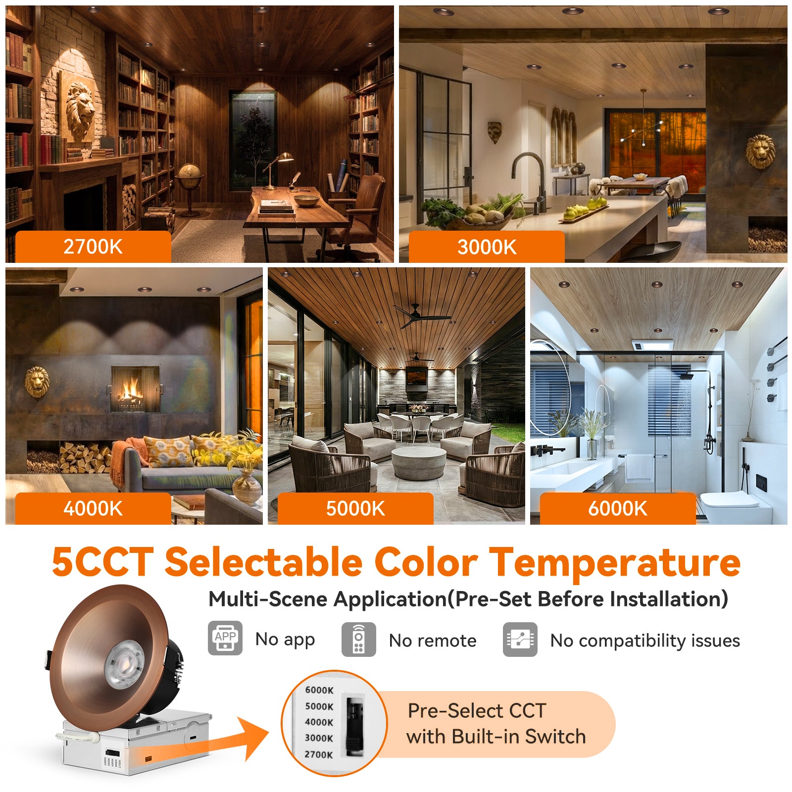 6/12pack CycevSun Bronze 4 Inch Recessed Lights, Anti-Glare COB Canless Recessed Ceiling Spotlight, 5CCT Selectable 2700K-6000K, 130LM/W, 16W, RA95 Exterior Soffit Lights, Dimmable, ETL, IP44 Damp Rated