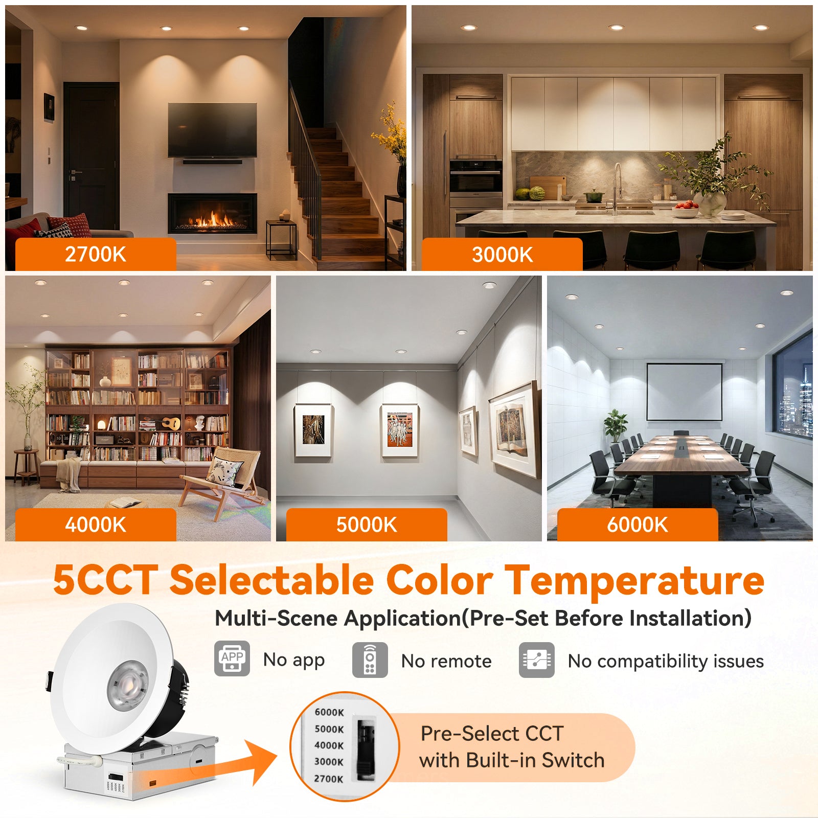 6/12pack CycevSun White 4 Inch Recessed Lights, Anti-Glare COB Canless Recessed Ceiling Spotlight, 5CCT Selectable 2700K-6000K, 130LM/W, 16W, RA95 Exterior Soffit Lights, Dimmable, ETL, IP44 Damp Rated