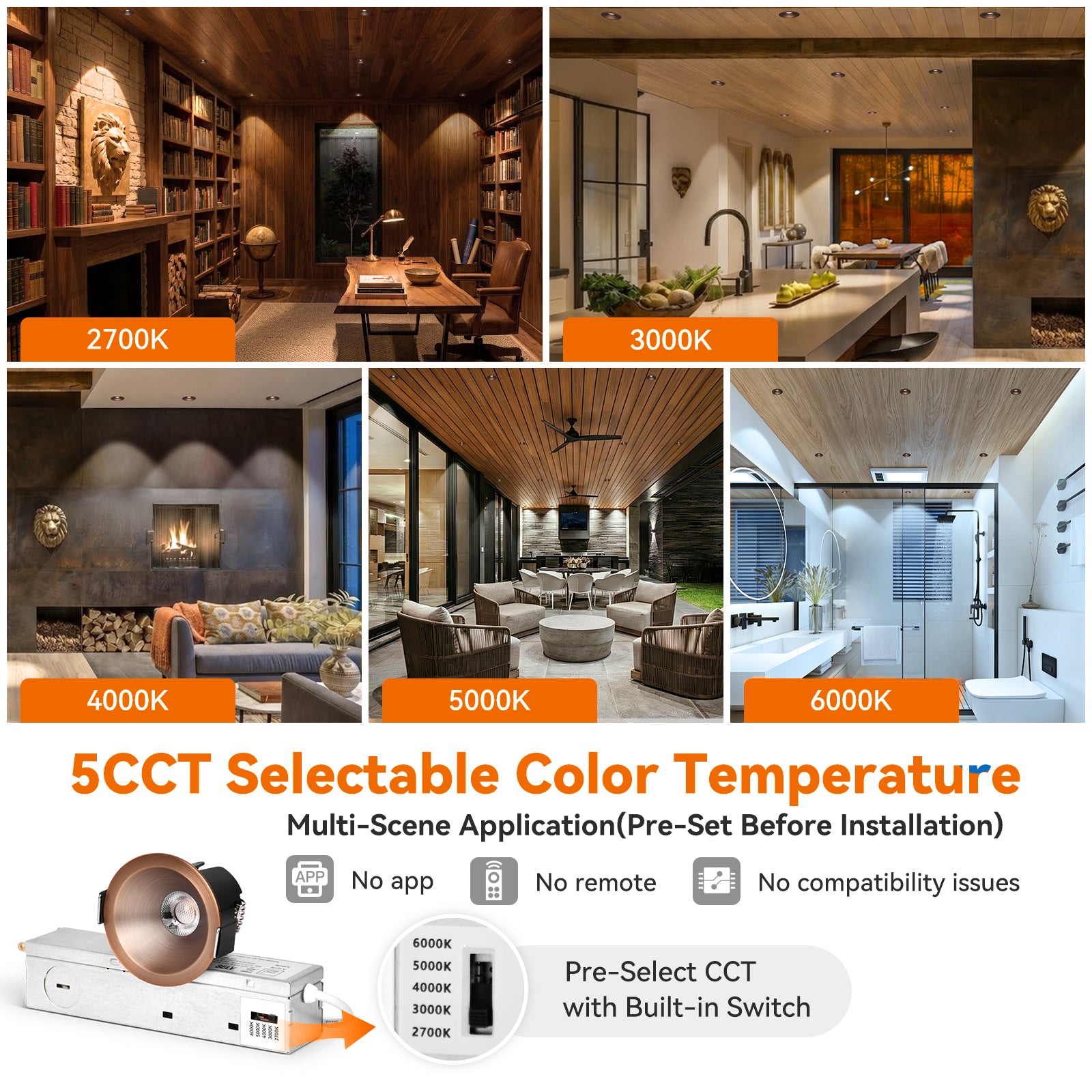 6/12pack CycevSun Bronze  2 Inch Recessed Lights, Anti-Glare COB Canless Ceiling Spotlight, 5CCT Selectable 2700K-6000K, 130lm/W, RA95 Small Exterior Soffit Lights, 8W, Dimmable, ETL, IP44 Damp Rated