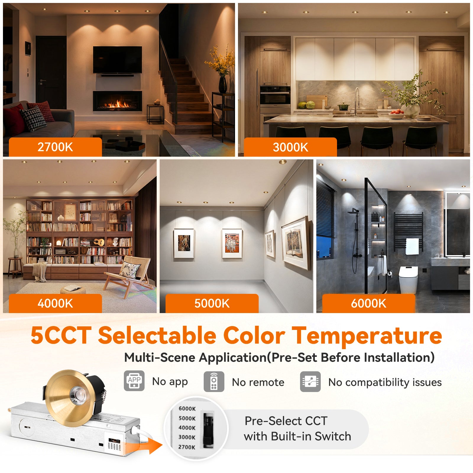 6/12pack CycevSun Gold 2 Inch Recessed Lights, Anti-Glare COB Canless Ceiling Spotlight, 5CCT Selectable 2700K-6000K, 130lm/W, RA95 Small Exterior Soffit Lights, 8W, Dimmable, ETL, IP44 Damp Rated
