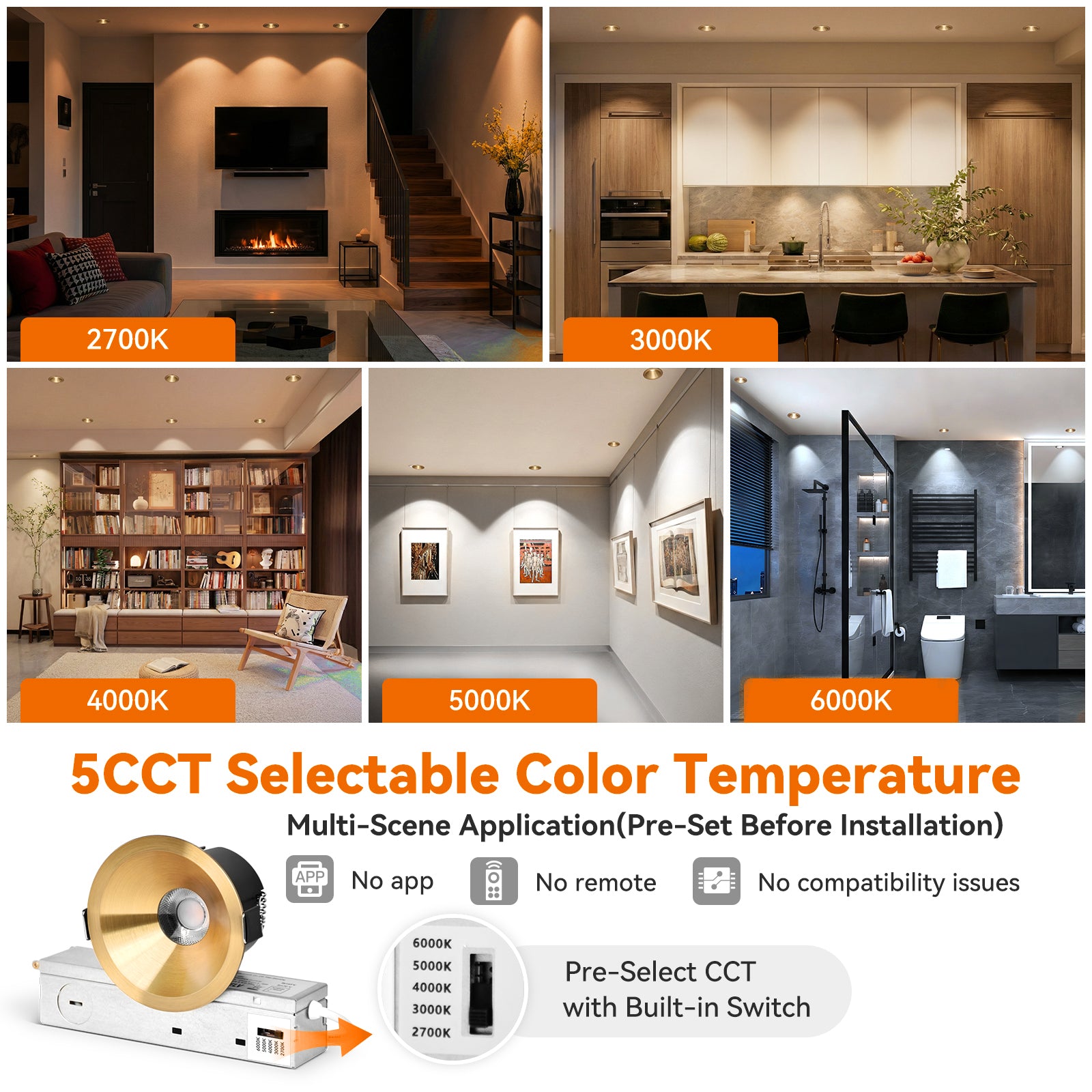 6/12pack CycevSun Gold 3 Inch Recessed LED Lights, Anti-Glare COB Canless Ceiling Spotlight, 5CCT Selectable 2700K-6000K, 130LM/W, 12W, RA95 Small Exterior Soffit, Dimmable, ETL, IP44 Damp Rated