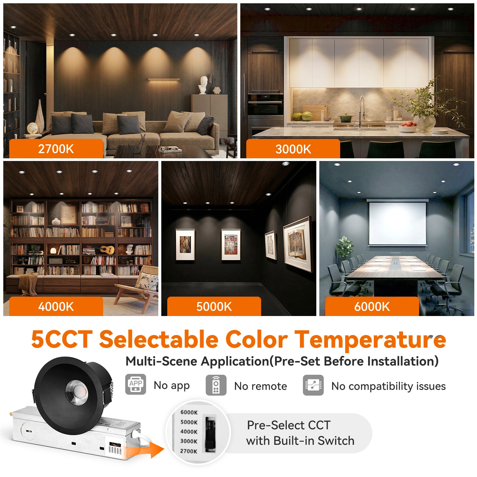 6/12pack CycevSun Black 3 Inch Recessed LED Lights, Anti-Glare COB Canless Ceiling Spotlight, 5CCT Selectable 2700K-6000K, 130LM/W, 12W, RA95 Small Exterior Soffit, Dimmable, ETL, IP44 Damp Rated
