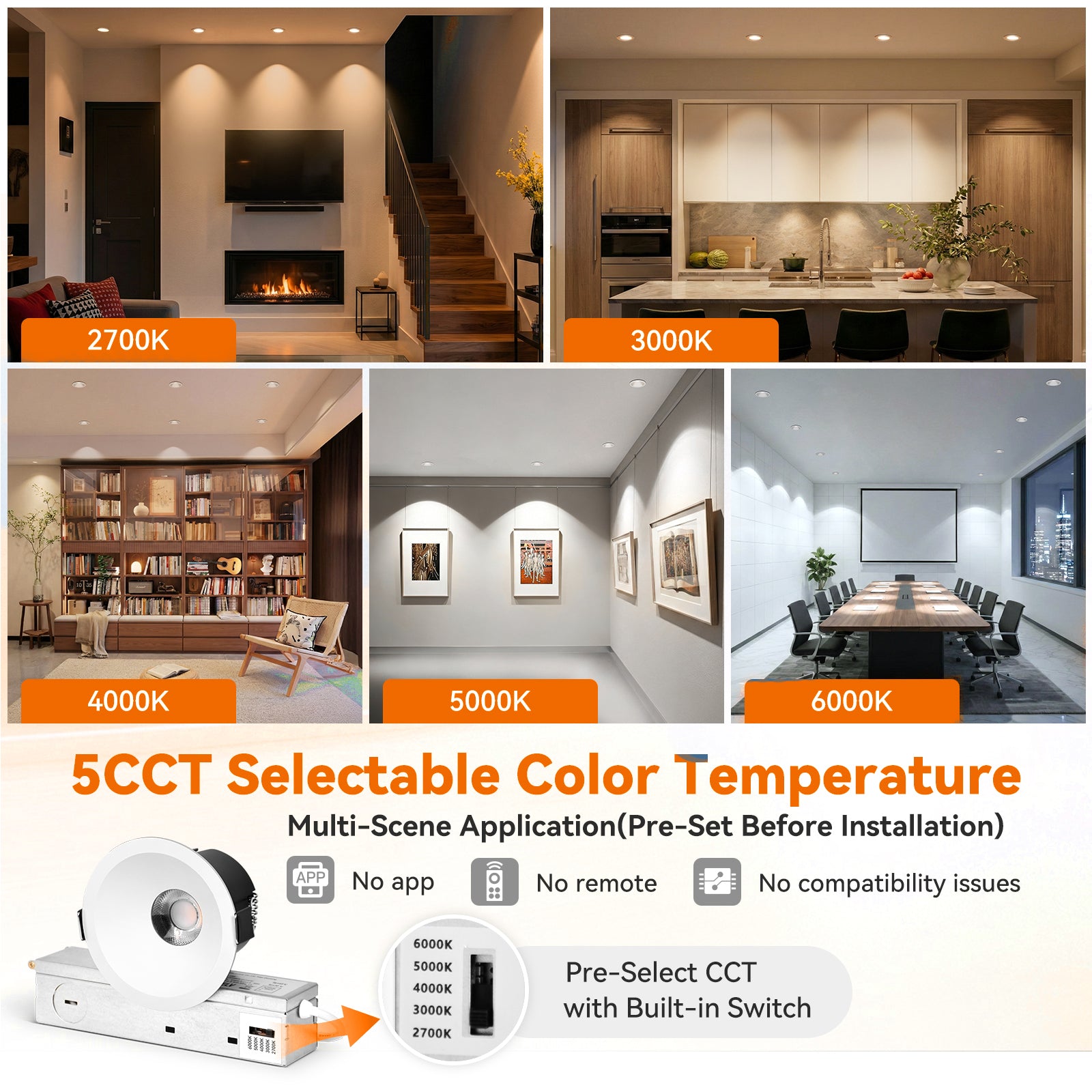 6/12pack CycevSun White 3 Inch Recessed LED Lights, Anti-Glare COB Canless Ceiling Spotlight, 5CCT Selectable 2700K-6000K, 130LM/W, 12W, RA95 Small Exterior Soffit, Dimmable, ETL, IP44 Damp Rated
