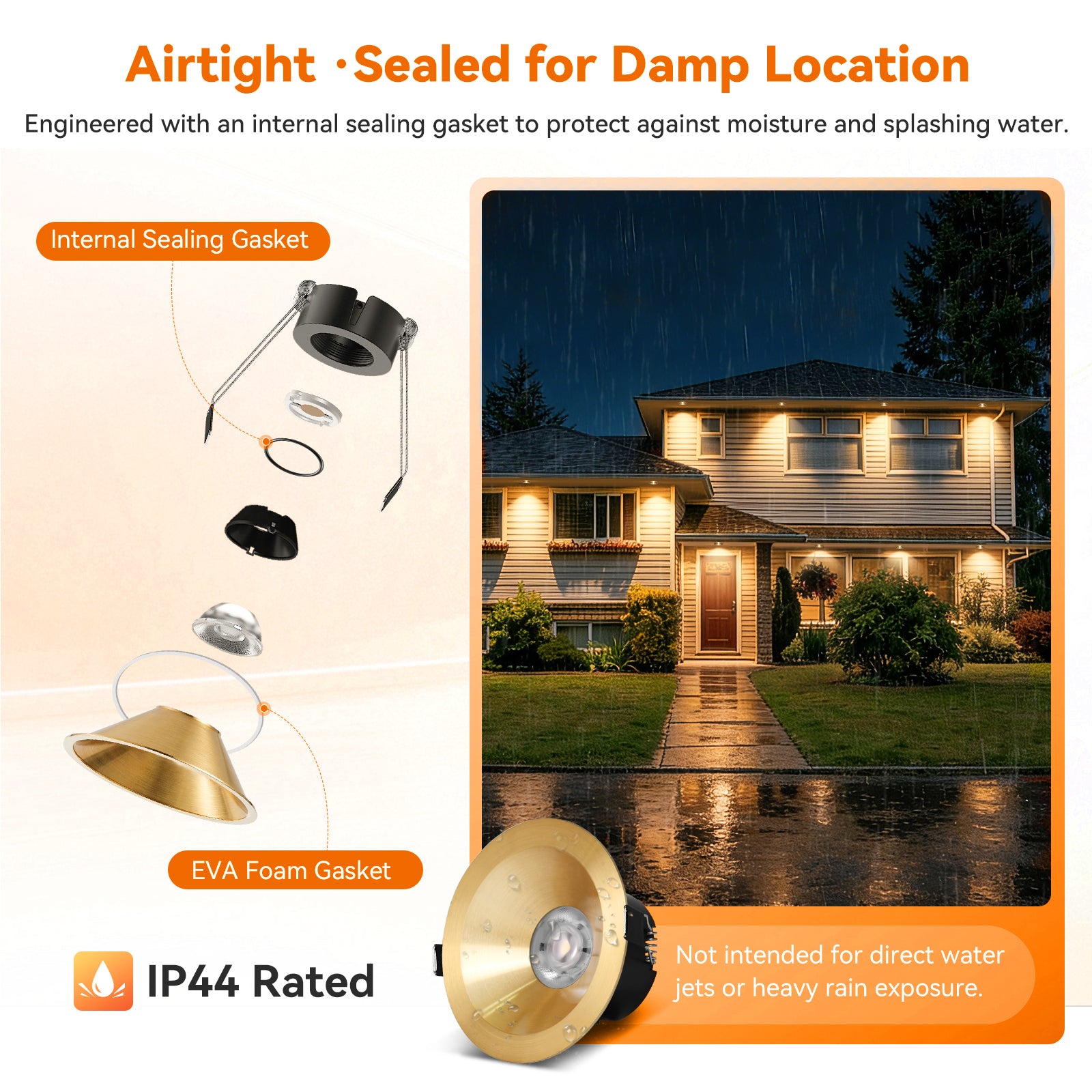 6/12pack CycevSun Gold 4 Inch Recessed Lights, Anti-Glare COB Canless Recessed Ceiling Spotlight, 5CCT Selectable 2700K-6000K, 130LM/W, 16W, RA95 Exterior Soffit Lights, Dimmable, ETL, IP44 Damp Rated