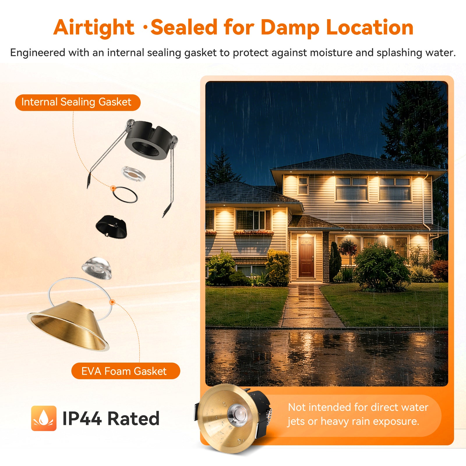 6/12pack CycevSun Gold 2 Inch Recessed Lights, Anti-Glare COB Canless Ceiling Spotlight, 5CCT Selectable 2700K-6000K, 130lm/W, RA95 Small Exterior Soffit Lights, 8W, Dimmable, ETL, IP44 Damp Rated