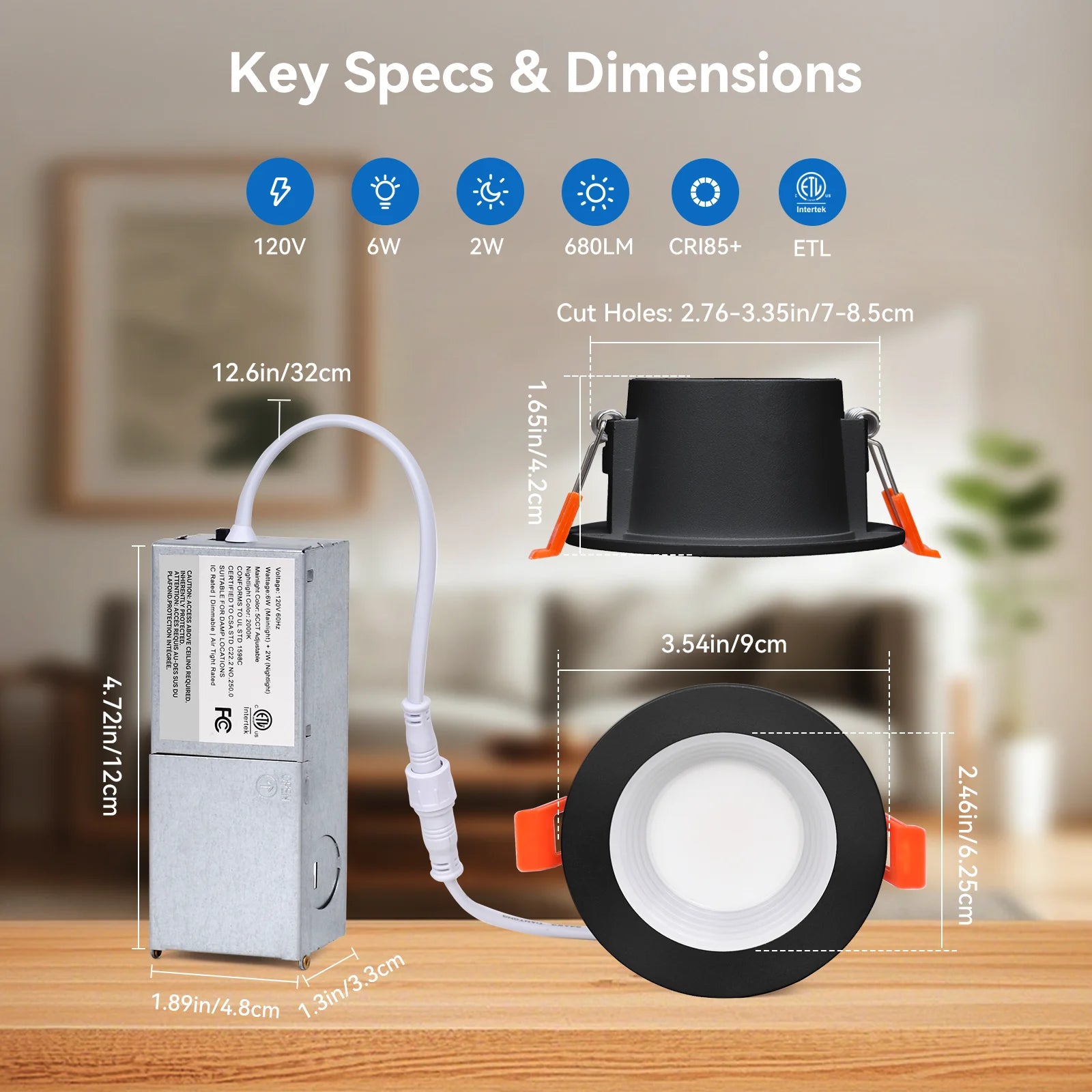 CycevSun 3 Inch Recessed LED Lights, Switchable Night Light & Main Light, Black, 2-Pack