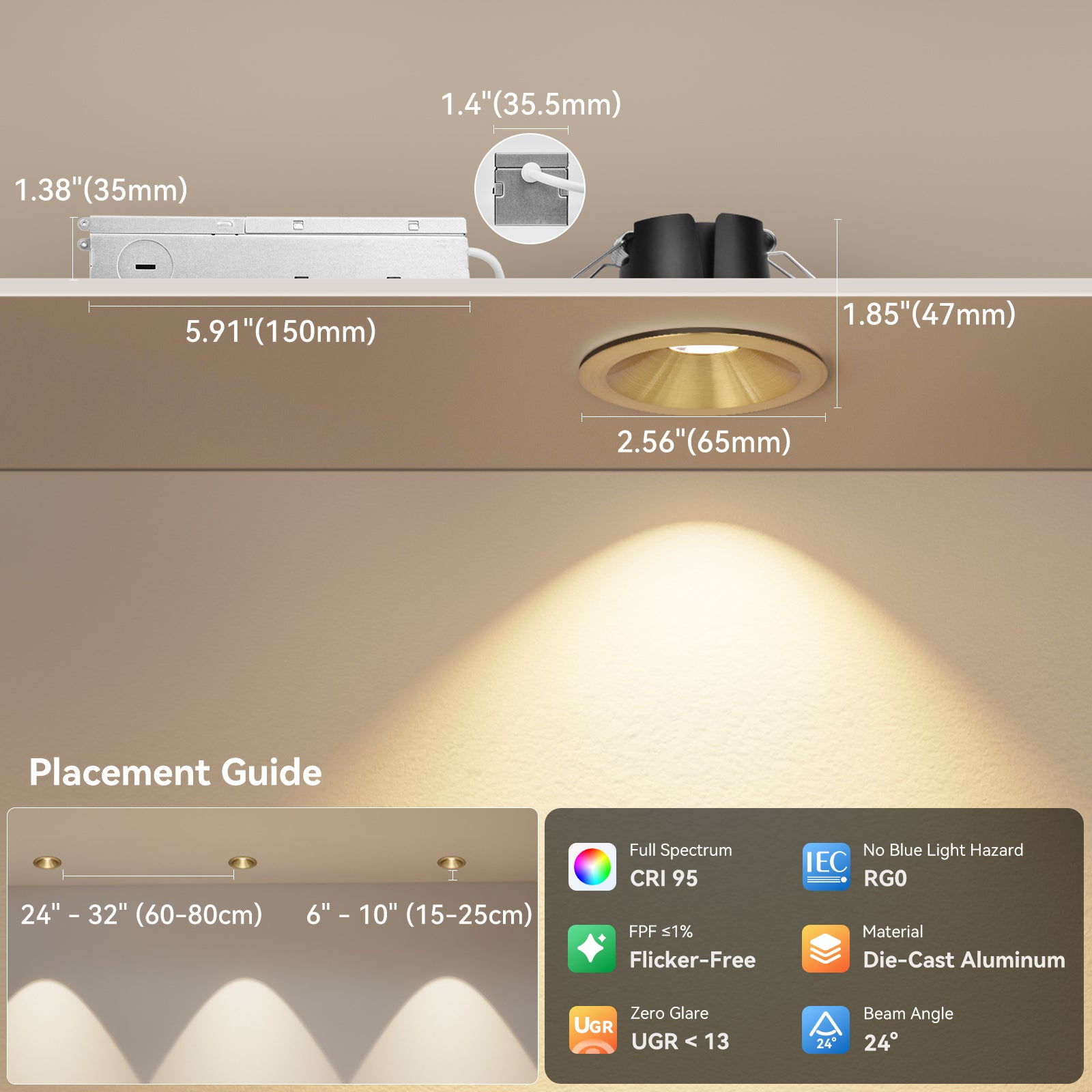 6/12pack CycevSun Gold 2 Inch Recessed Lights, Anti-Glare COB Canless Ceiling Spotlight, 5CCT Selectable 2700K-6000K, 130lm/W, RA95 Small Exterior Soffit Lights, 8W, Dimmable, ETL, IP44 Damp Rated