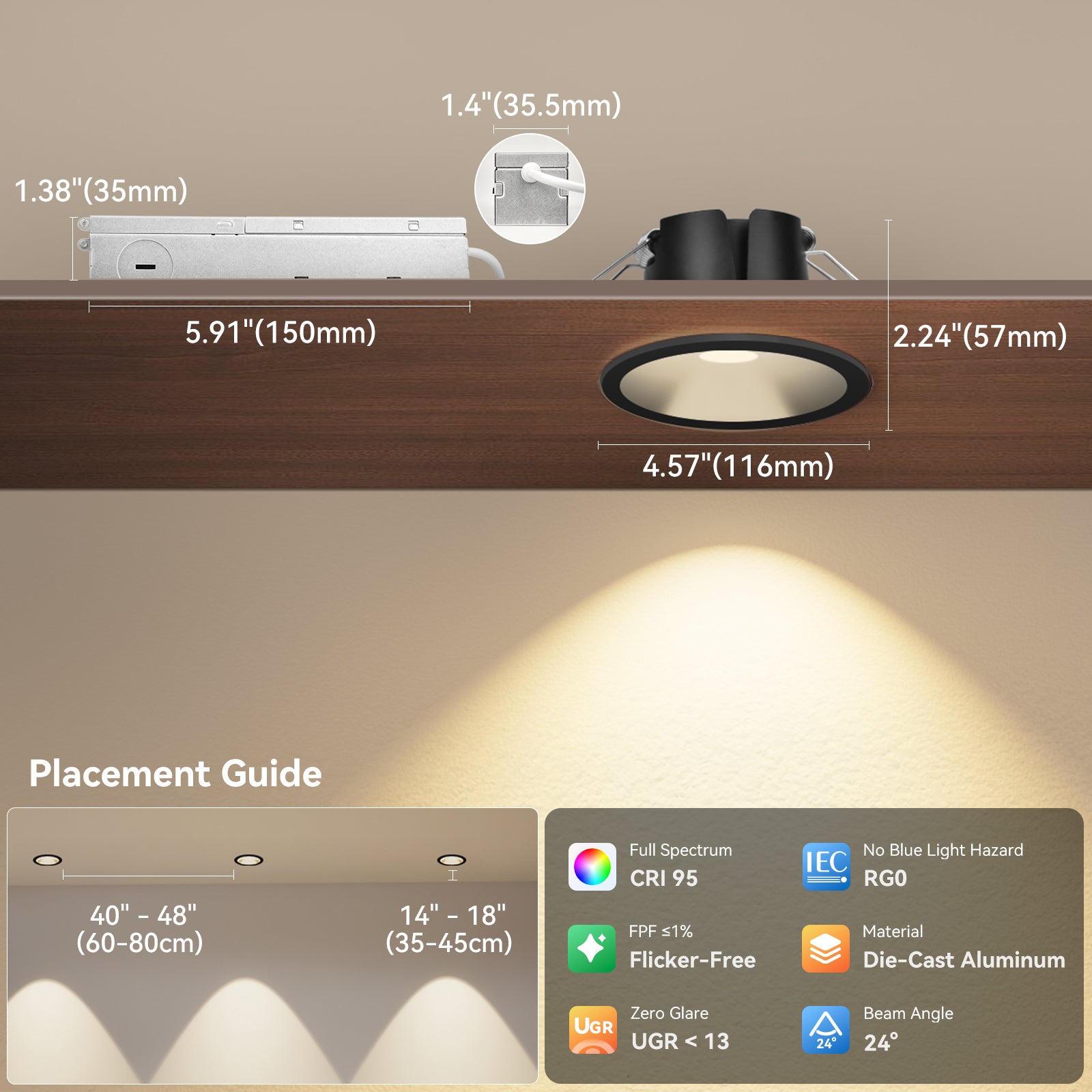 6/12pack CycevSun Black 4 Inch Recessed Lights, Anti-Glare COB Canless Recessed Ceiling Spotlight, 5CCT Selectable 2700K-6000K, 130LM/W, 16W, RA95 Exterior Soffit Lights, Dimmable, ETL, IP44 Damp Rated