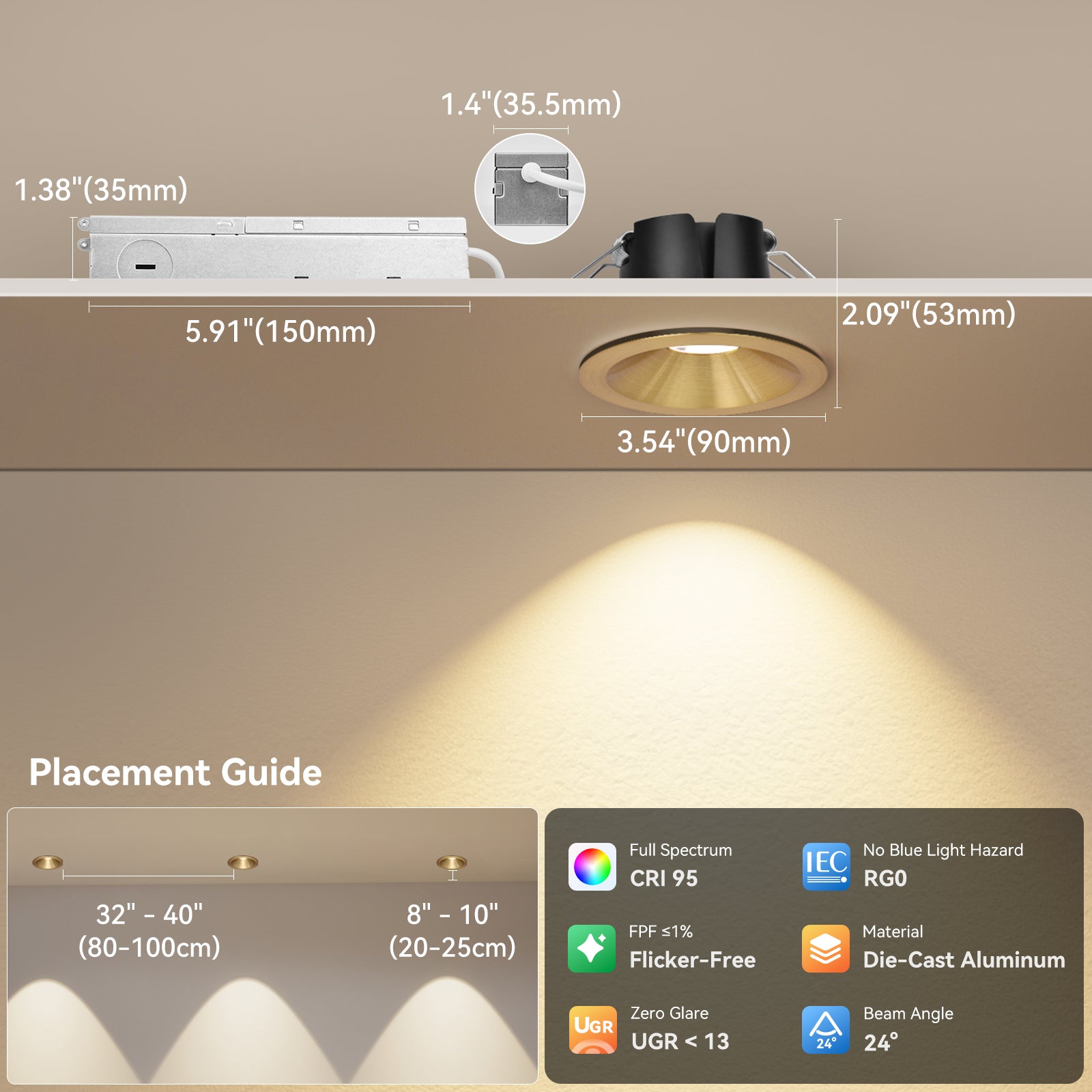 6/12pack CycevSun Gold 3 Inch Recessed LED Lights, Anti-Glare COB Canless Ceiling Spotlight, 5CCT Selectable 2700K-6000K, 130LM/W, 12W, RA95 Small Exterior Soffit, Dimmable, ETL, IP44 Damp Rated