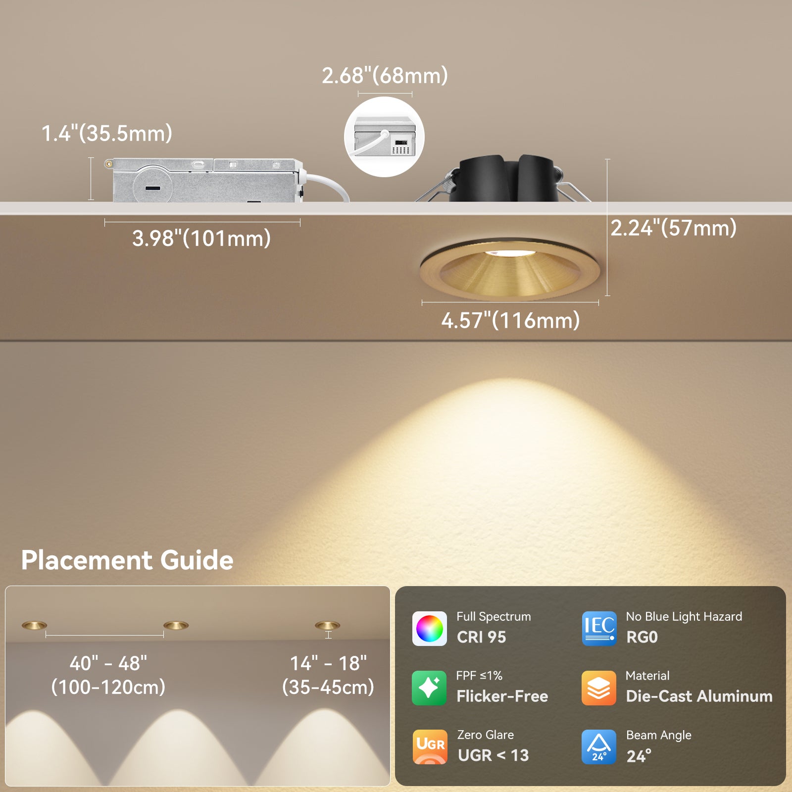6/12pack CycevSun Gold 4 Inch Recessed Lights, Anti-Glare COB Canless Recessed Ceiling Spotlight, 5CCT Selectable 2700K-6000K, 130LM/W, 16W, RA95 Exterior Soffit Lights, Dimmable, ETL, IP44 Damp Rated