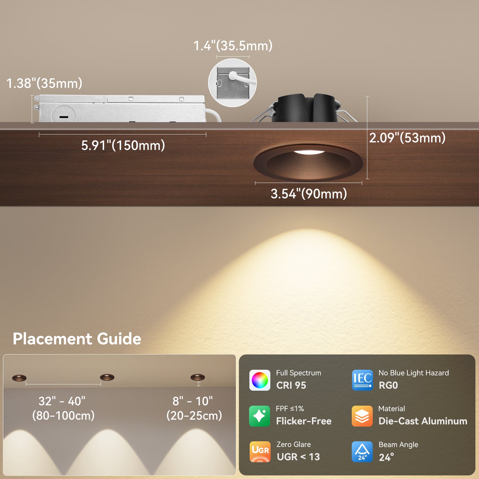 6/12pack CycevSun Bronze 3 Inch Recessed LED Lights, Anti-Glare COB Canless Ceiling Spotlight, 5CCT Selectable 2700K-6000K, 130LM/W, 12W, RA95 Small Exterior Soffit, Dimmable, ETL, IP44 Damp Rated