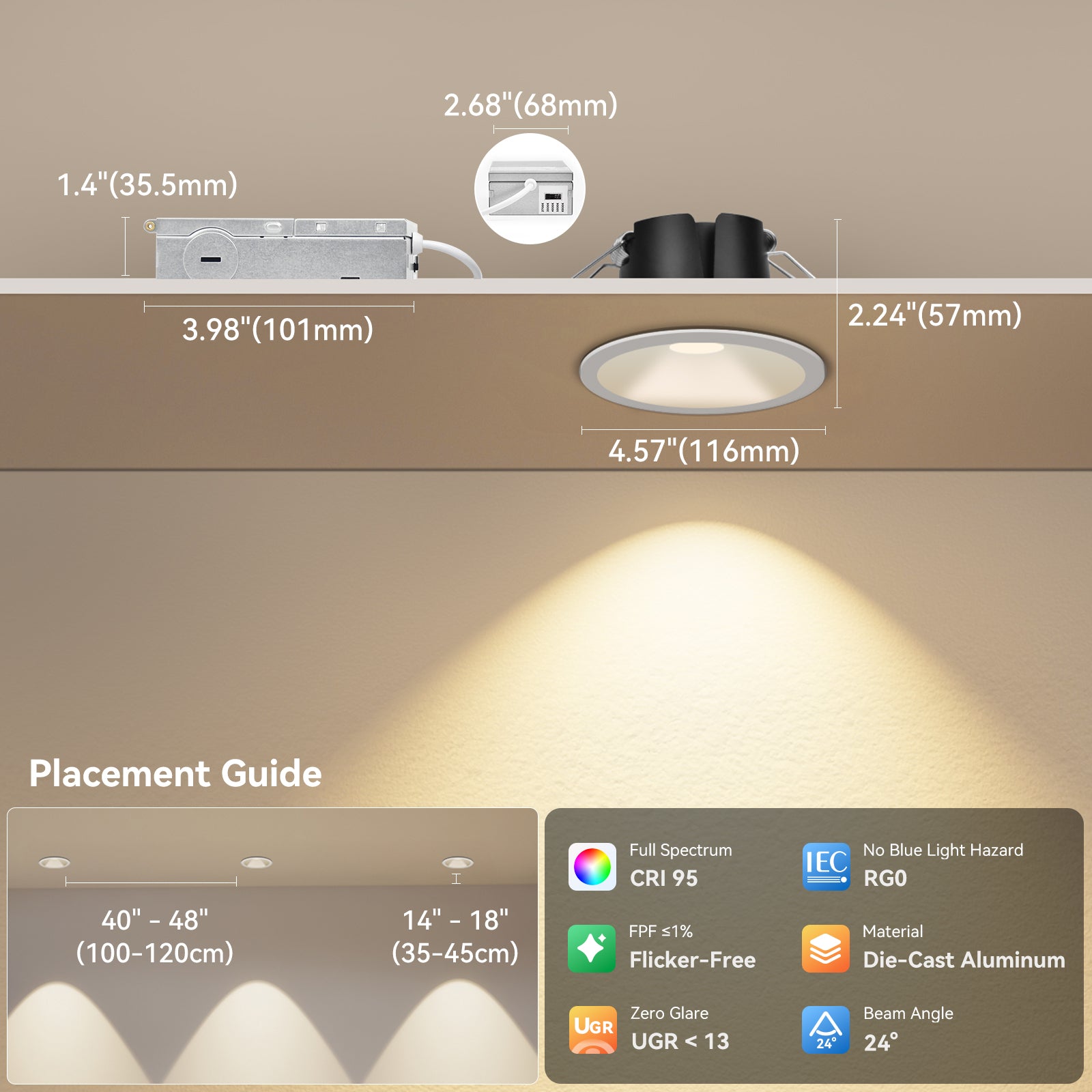 6/12pack CycevSun White 4 Inch Recessed Lights, Anti-Glare COB Canless Recessed Ceiling Spotlight, 5CCT Selectable 2700K-6000K, 130LM/W, 16W, RA95 Exterior Soffit Lights, Dimmable, ETL, IP44 Damp Rated