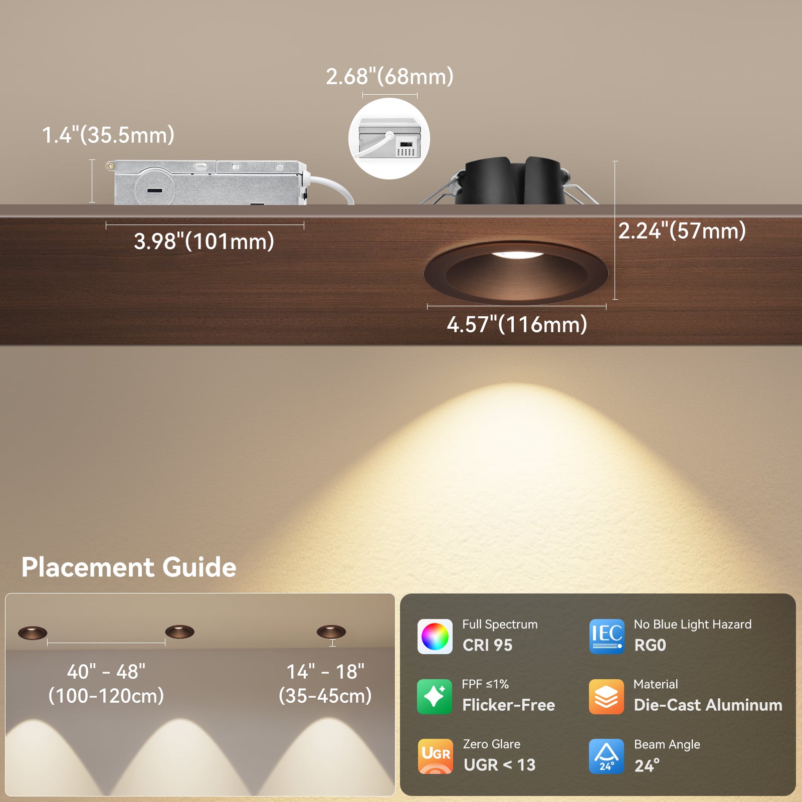 6/12pack CycevSun Bronze 4 Inch Recessed Lights, Anti-Glare COB Canless Recessed Ceiling Spotlight, 5CCT Selectable 2700K-6000K, 130LM/W, 16W, RA95 Exterior Soffit Lights, Dimmable, ETL, IP44 Damp Rated