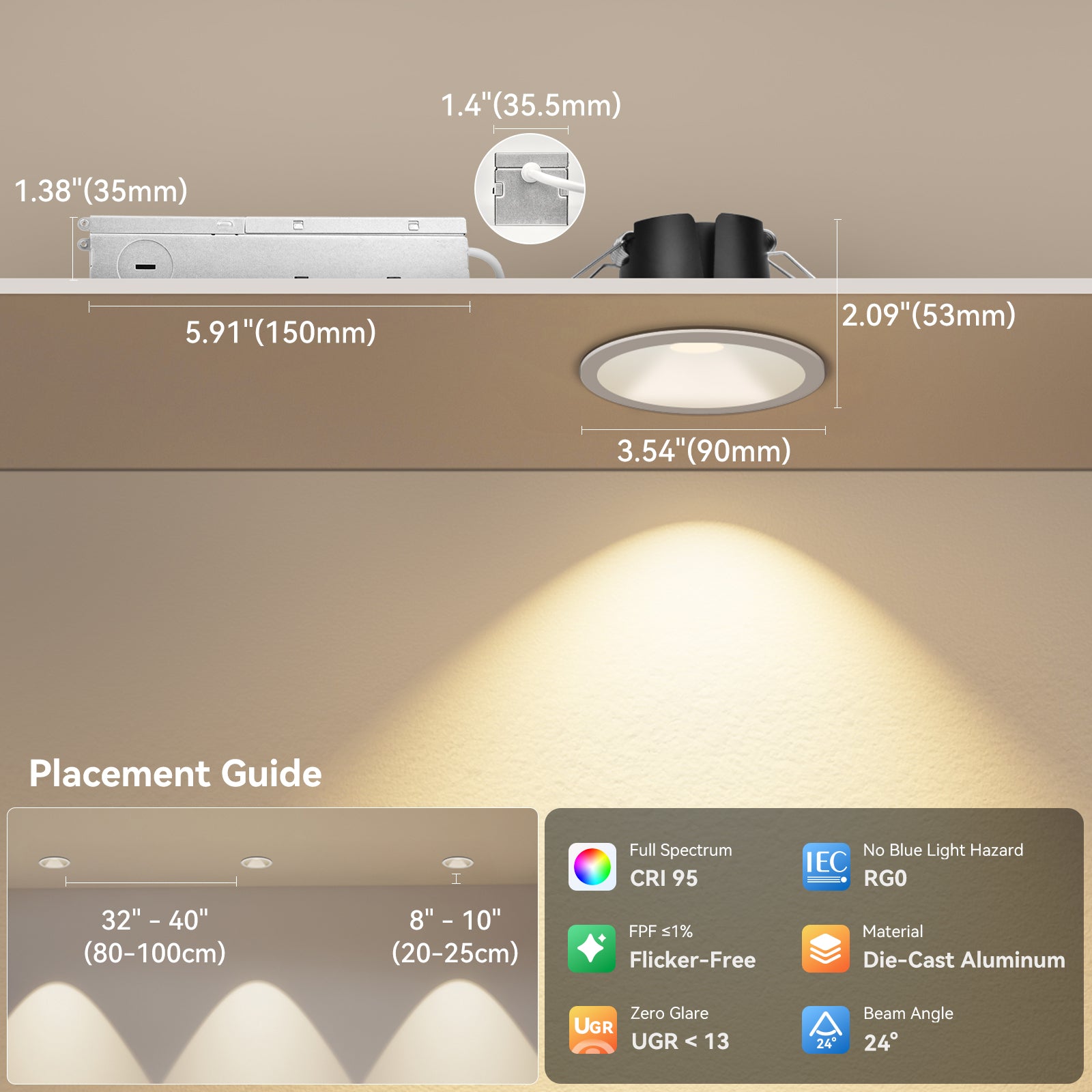 6/12pack CycevSun White 3 Inch Recessed LED Lights, Anti-Glare COB Canless Ceiling Spotlight, 5CCT Selectable 2700K-6000K, 130LM/W, 12W, RA95 Small Exterior Soffit, Dimmable, ETL, IP44 Damp Rated