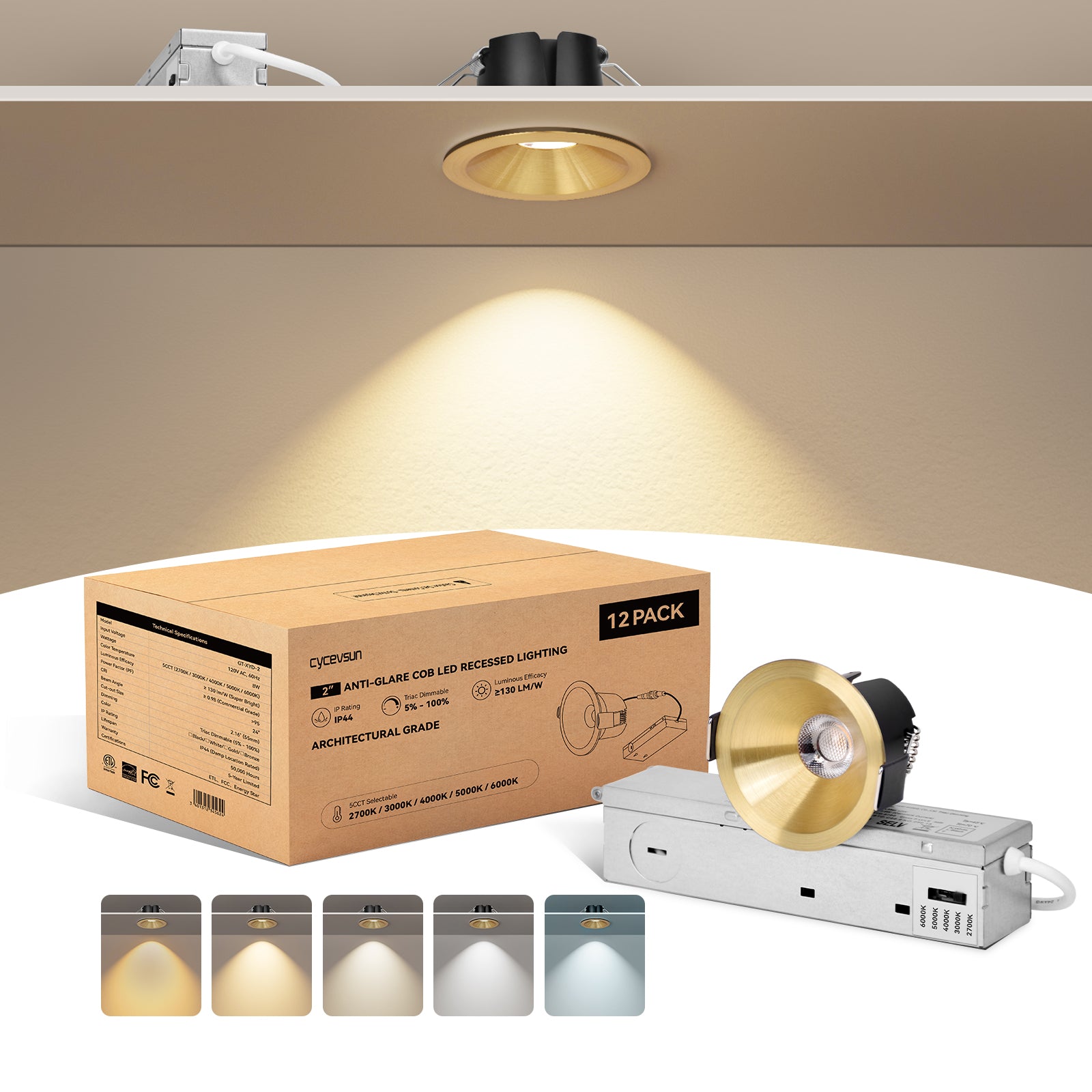 6/12pack CycevSun Gold 2 Inch Recessed Lights, Anti-Glare COB Canless Ceiling Spotlight, 5CCT Selectable 2700K-6000K, 130lm/W, RA95 Small Exterior Soffit Lights, 8W, Dimmable, ETL, IP44 Damp Rated