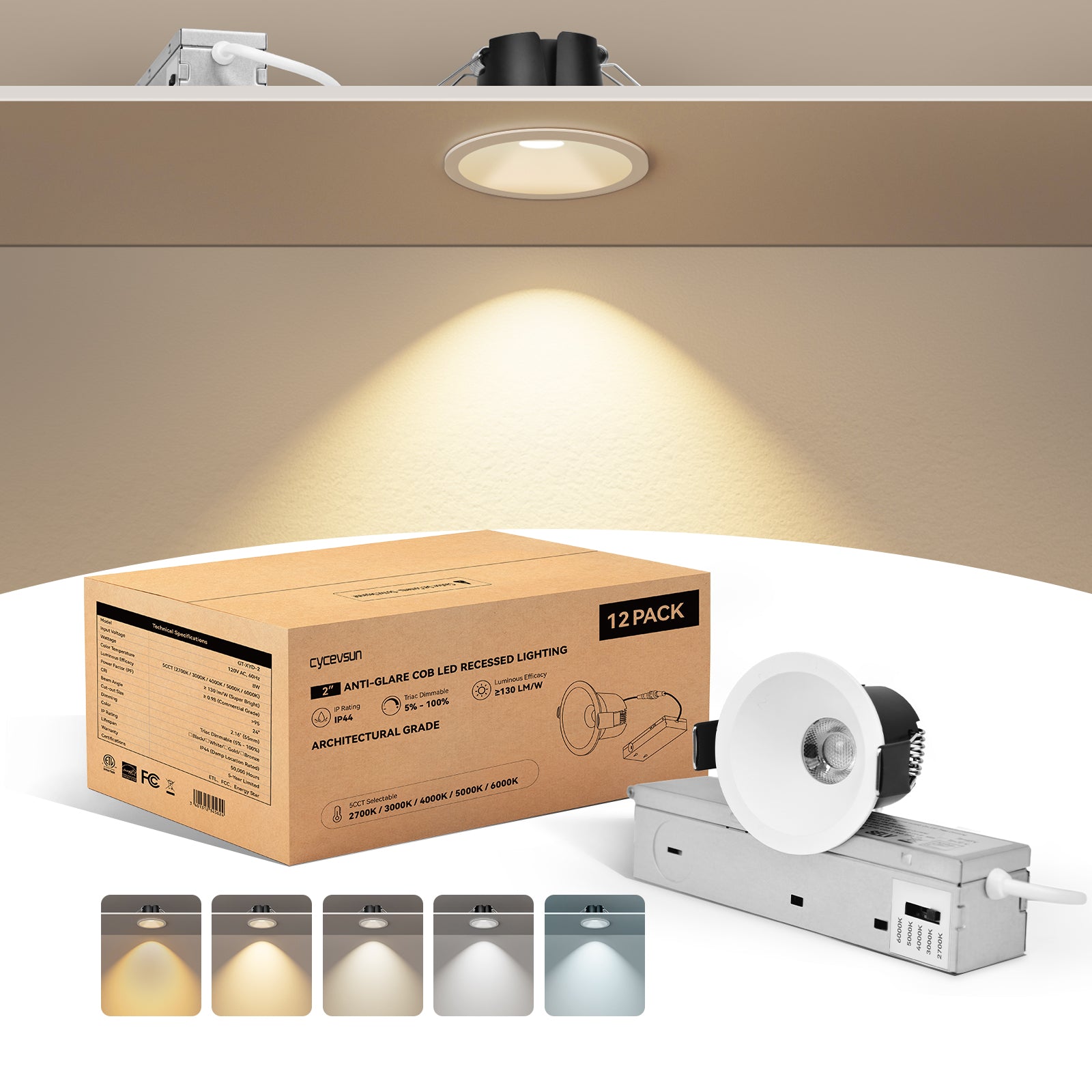 6/12pack CycevSun 2 Inch Oil Rubbed White Recessed Light, Anti-Glare COB Canless Ceiling Spotlight, 5CCT Selectable, 130LM/W, RA95 Small Outdoor Soffit Lights, 8W, Dimmable, ETL, IP44 Damp Rated