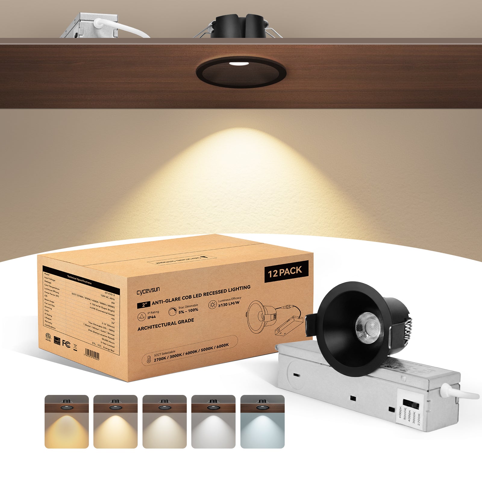 6/12pack CycevSun Black 2 Inch Recessed Lights, Anti-Glare COB Canless Ceiling Spotlight, 5CCT Selectable 2700K-6000K, 130lm/W, RA95 Small Exterior Soffit Lights, 8W, Dimmable, ETL, IP44 Damp Rated
