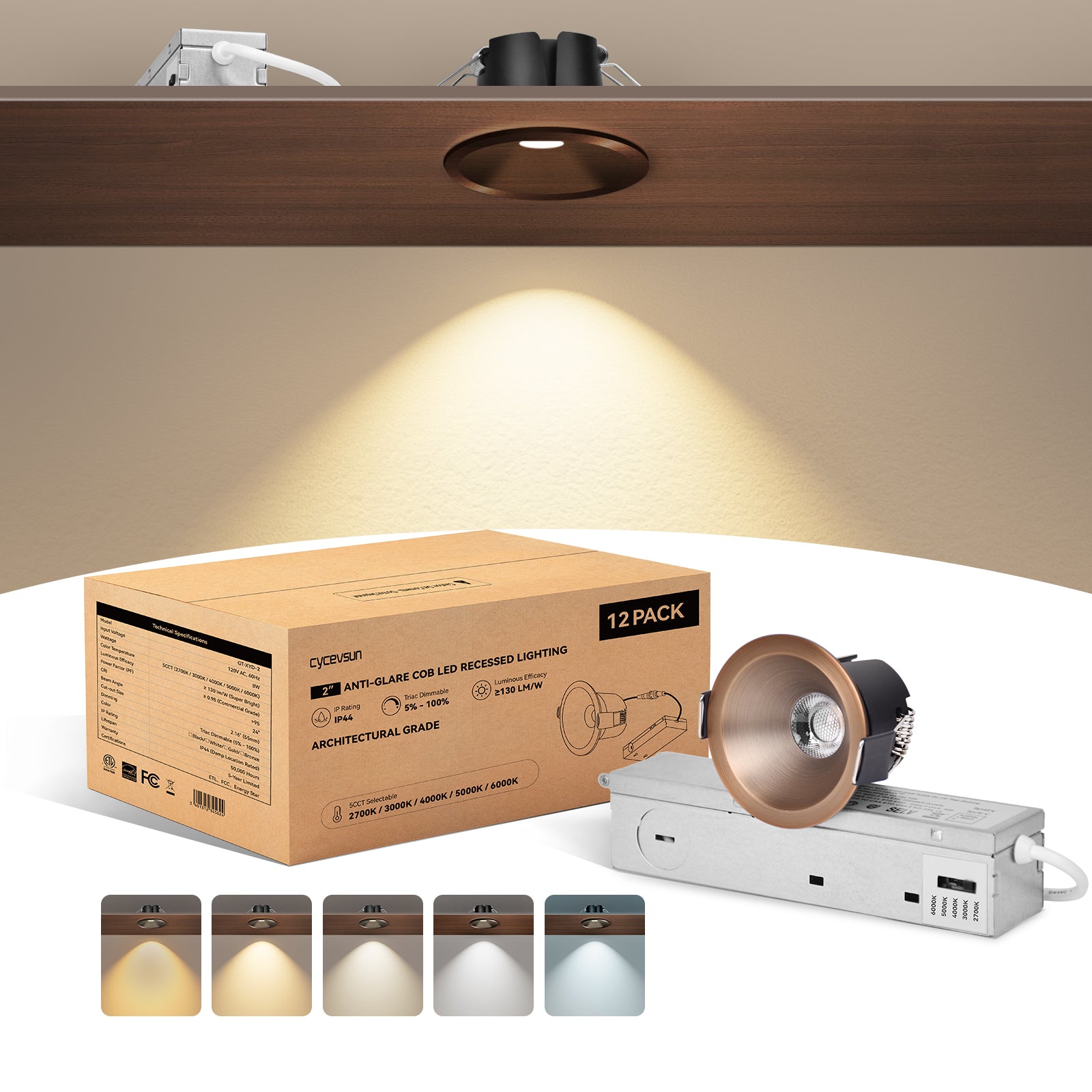 6/12pack CycevSun Bronze  2 Inch Recessed Lights, Anti-Glare COB Canless Ceiling Spotlight, 5CCT Selectable 2700K-6000K, 130lm/W, RA95 Small Exterior Soffit Lights, 8W, Dimmable, ETL, IP44 Damp Rated