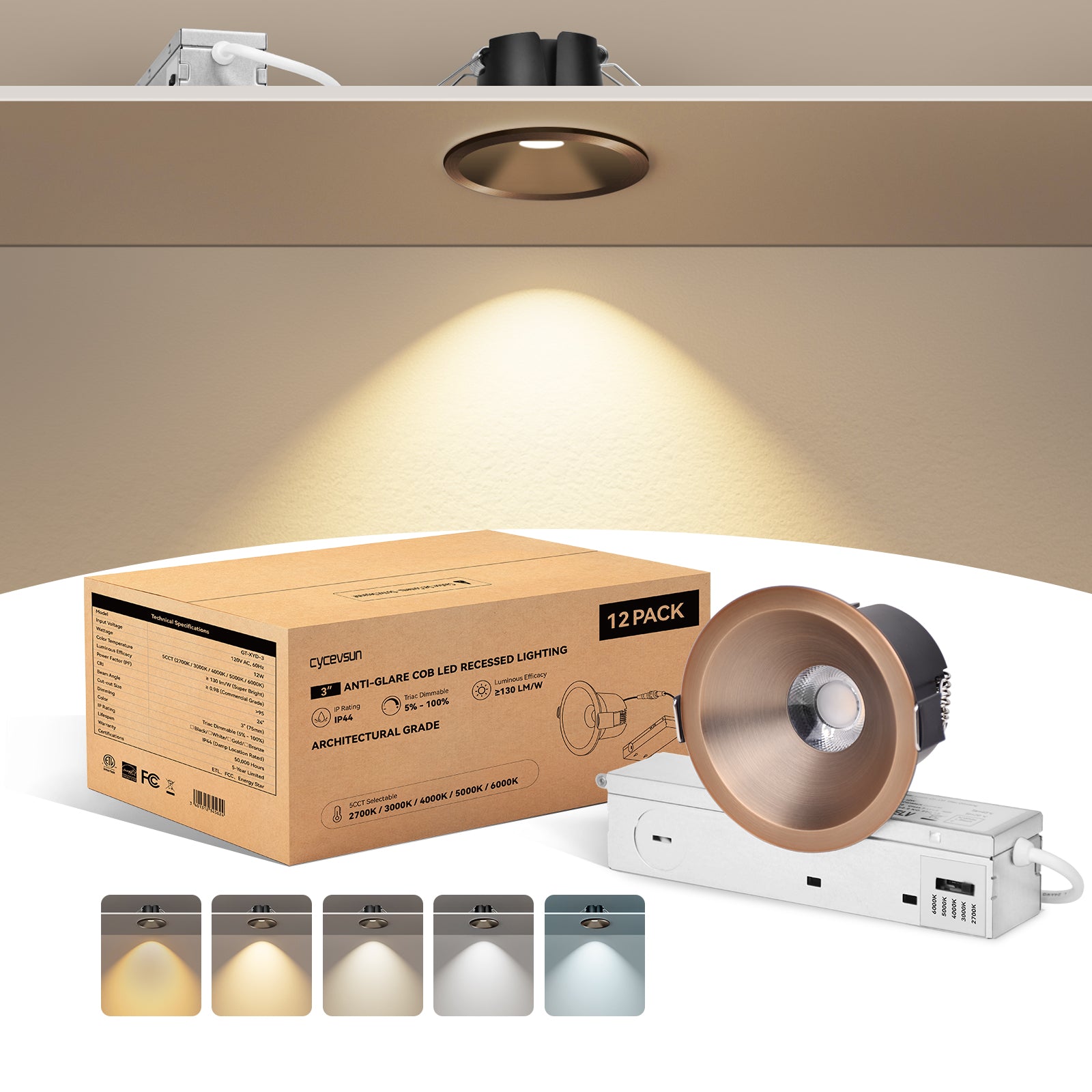 6/12pack CycevSun Bronze 3 Inch Recessed LED Lights, Anti-Glare COB Canless Ceiling Spotlight, 5CCT Selectable 2700K-6000K, 130LM/W, 12W, RA95 Small Exterior Soffit, Dimmable, ETL, IP44 Damp Rated