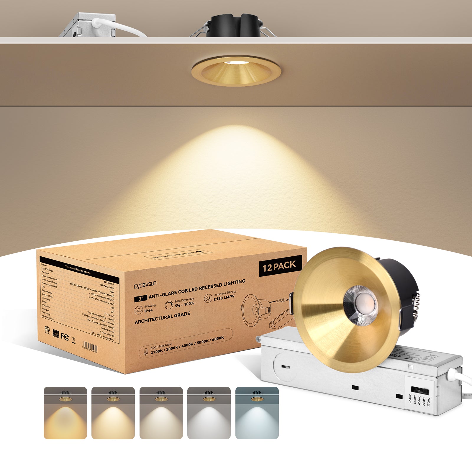6/12pack CycevSun Gold 3 Inch Recessed LED Lights, Anti-Glare COB Canless Ceiling Spotlight, 5CCT Selectable 2700K-6000K, 130LM/W, 12W, RA95 Small Exterior Soffit, Dimmable, ETL, IP44 Damp Rated