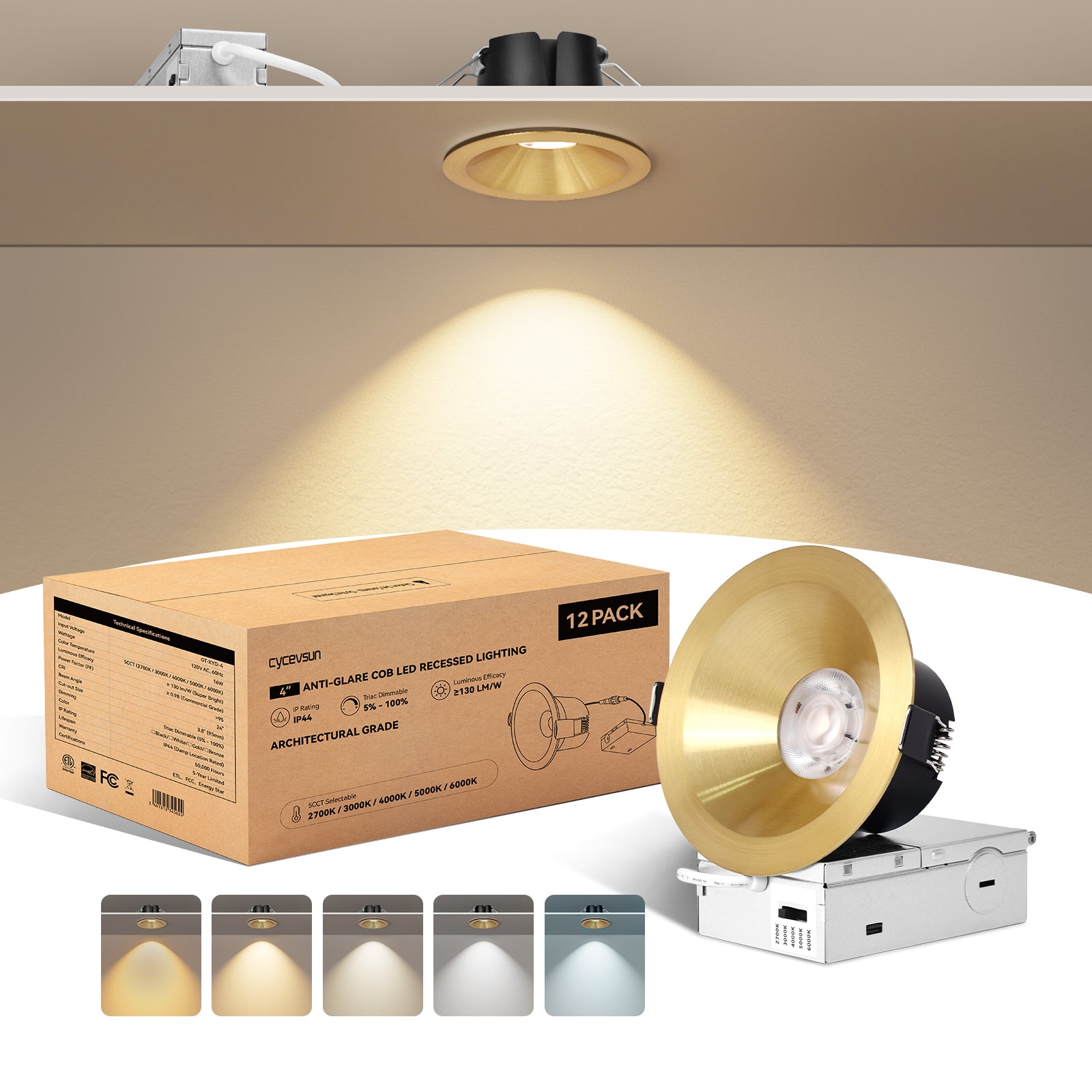6/12pack CycevSun Gold 4 Inch Recessed Lights, Anti-Glare COB Canless Recessed Ceiling Spotlight, 5CCT Selectable 2700K-6000K, 130LM/W, 16W, RA95 Exterior Soffit Lights, Dimmable, ETL, IP44 Damp Rated