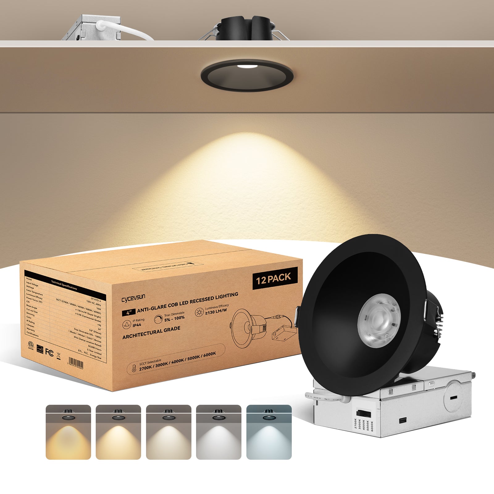 6/12pack CycevSun Black 4 Inch Recessed Lights, Anti-Glare COB Canless Recessed Ceiling Spotlight, 5CCT Selectable 2700K-6000K, 130LM/W, 16W, RA95 Exterior Soffit Lights, Dimmable, ETL, IP44 Damp Rated