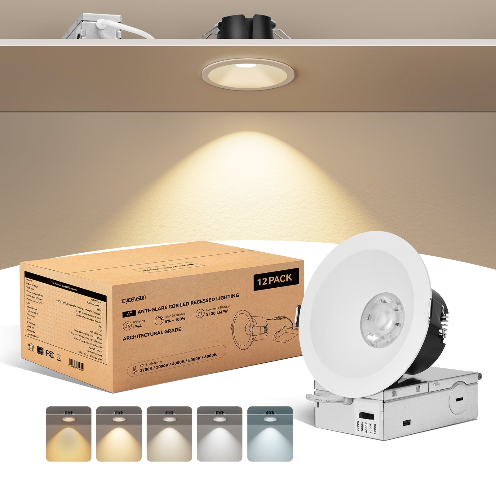 6/12pack CycevSun White 4 Inch Recessed Lights, Anti-Glare COB Canless Recessed Ceiling Spotlight, 5CCT Selectable 2700K-6000K, 130LM/W, 16W, RA95 Exterior Soffit Lights, Dimmable, ETL, IP44 Damp Rated
