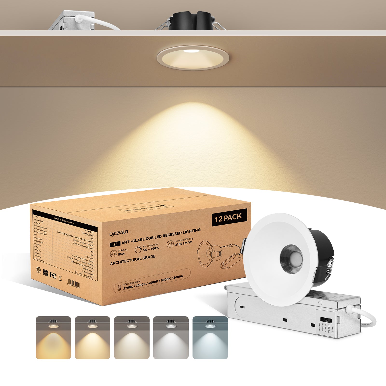 6/12pack CycevSun White 3 Inch Recessed LED Lights, Anti-Glare COB Canless Ceiling Spotlight, 5CCT Selectable 2700K-6000K, 130LM/W, 12W, RA95 Small Exterior Soffit, Dimmable, ETL, IP44 Damp Rated