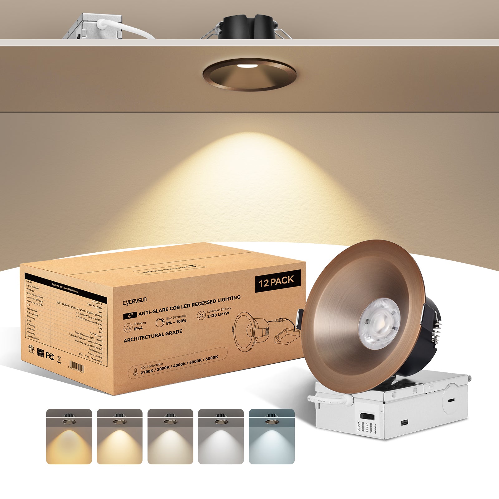 6/12pack CycevSun Bronze 4 Inch Recessed Lights, Anti-Glare COB Canless Recessed Ceiling Spotlight, 5CCT Selectable 2700K-6000K, 130LM/W, 16W, RA95 Exterior Soffit Lights, Dimmable, ETL, IP44 Damp Rated