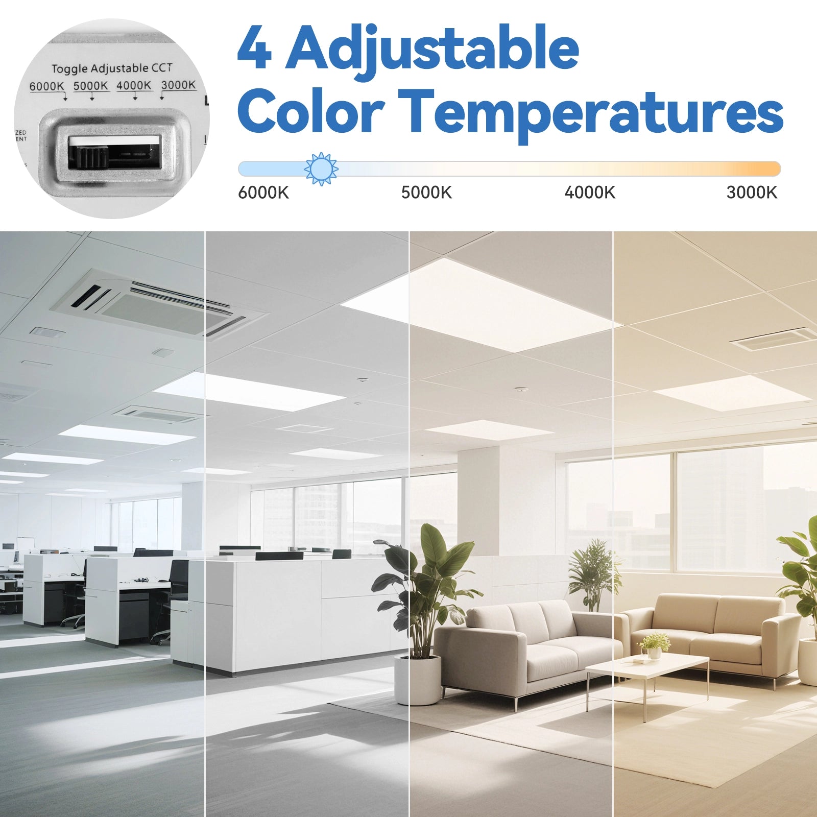 CycevSun 2x4 4CCT LED Flat Panel Light Drop Ceiling, 0-10V Dimmable, 4 Pack